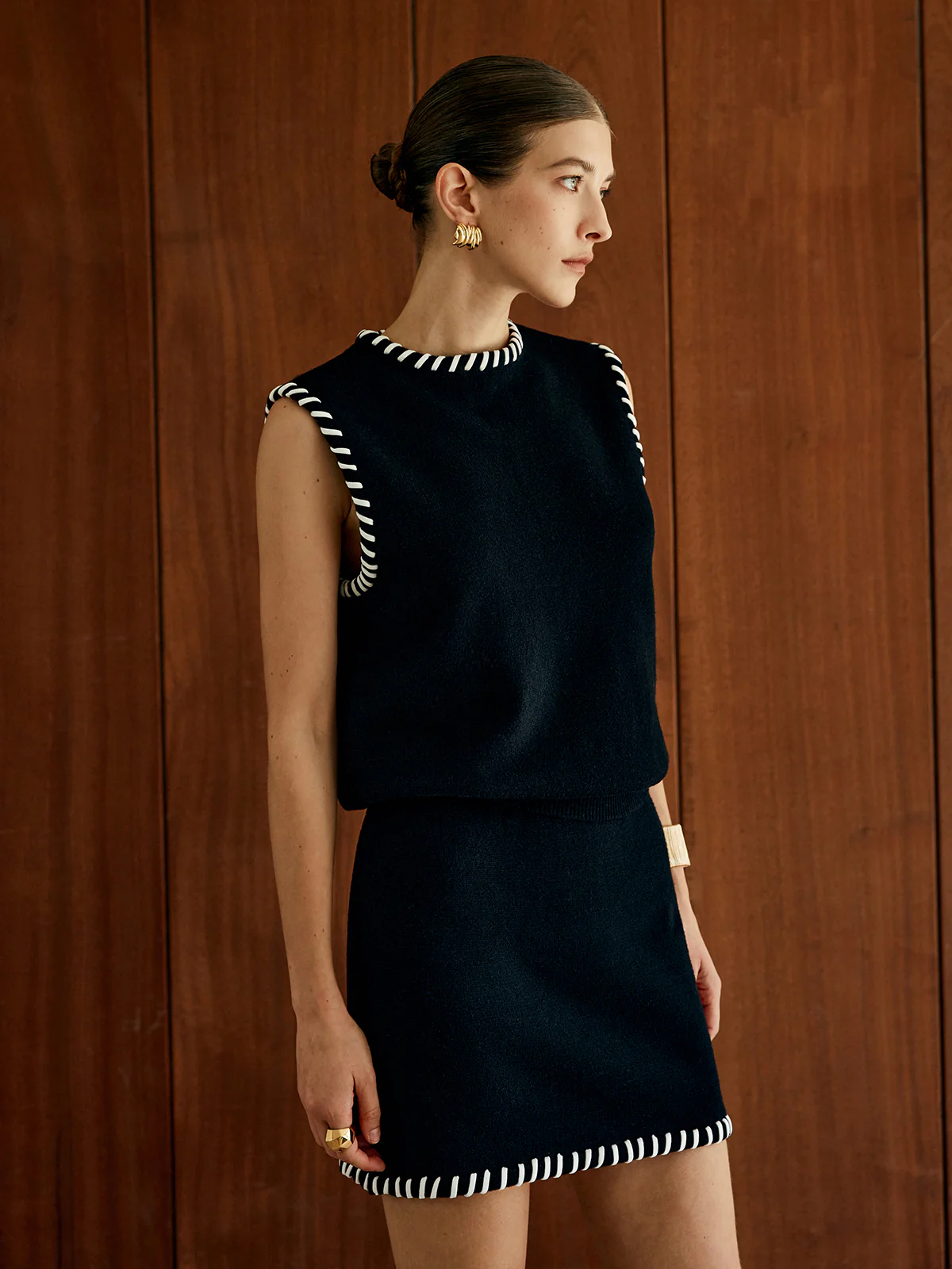 Contrast Trim Sleeveless Skirt Set - Takermore