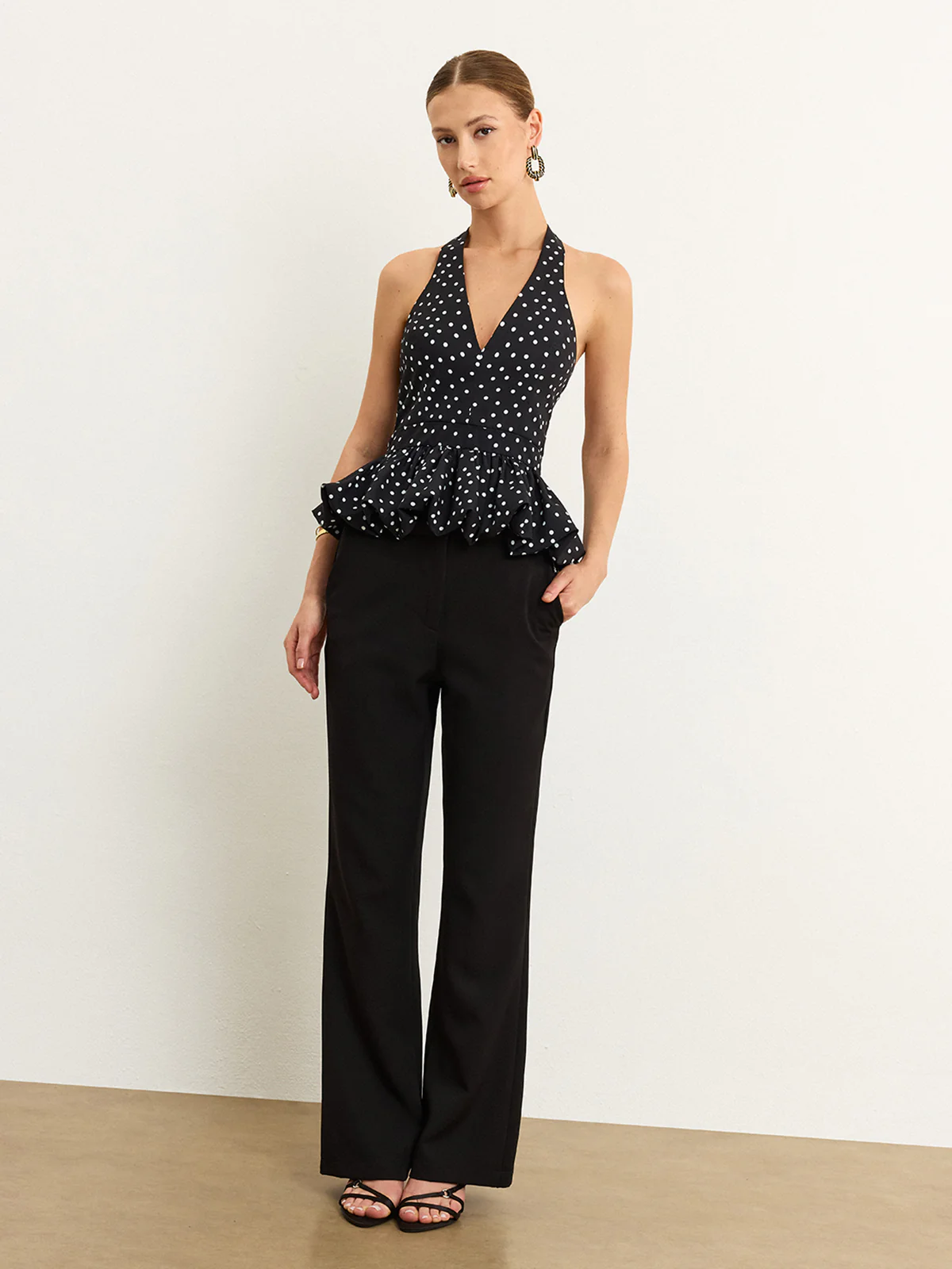 Polka Dot Halter Peplum Top - Takermore