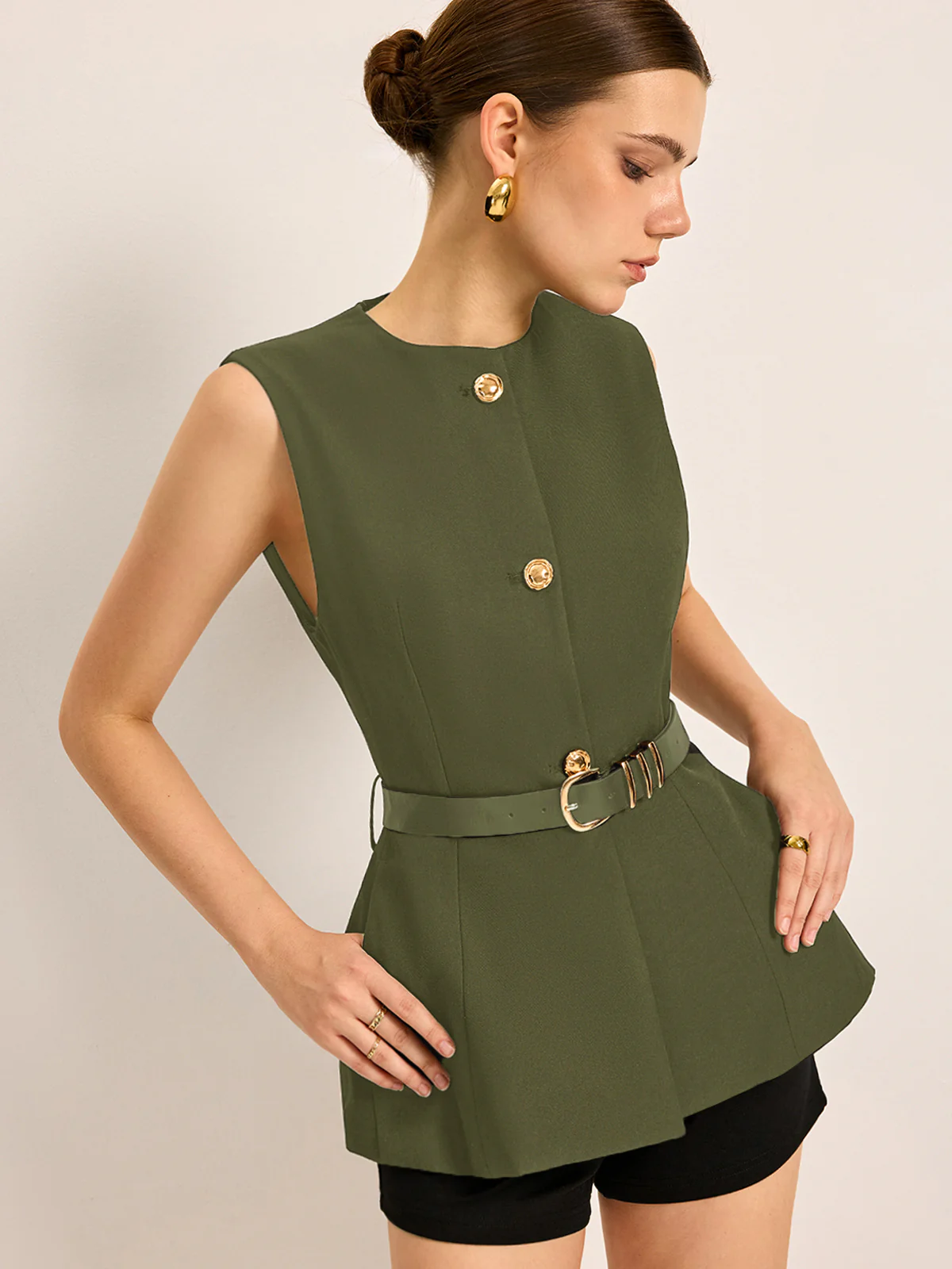 Button Detail Pockets Top With Belt - Takermore