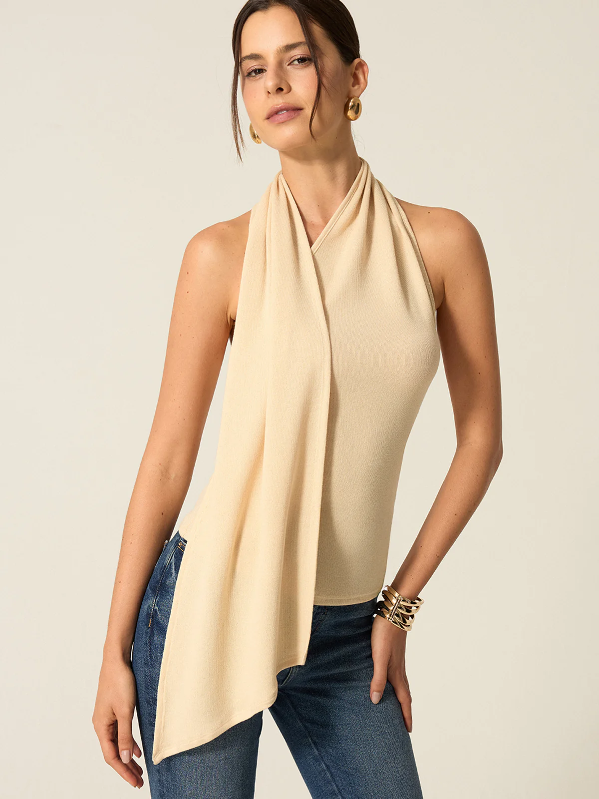 Halter Backless Top with Draped Scarf Detail - Takermore