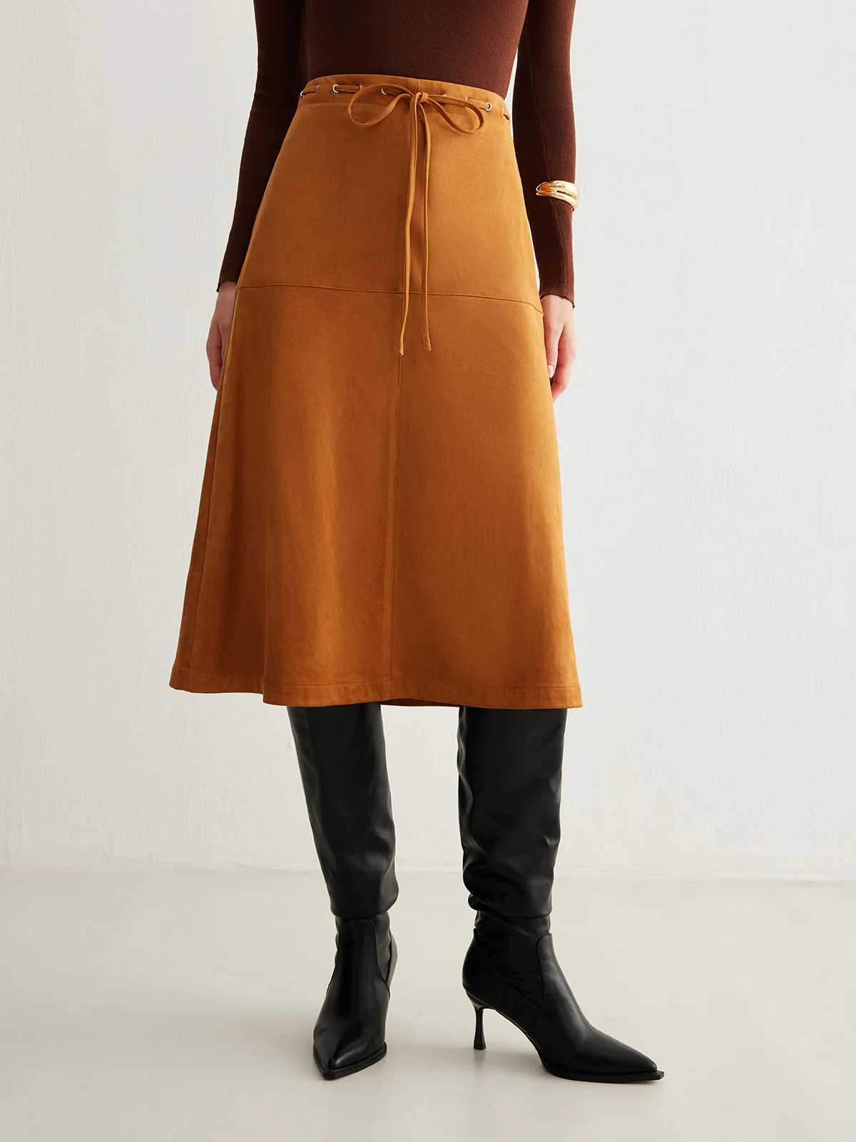 Drawstring Back-Zipper Suede Skirt - Takermore