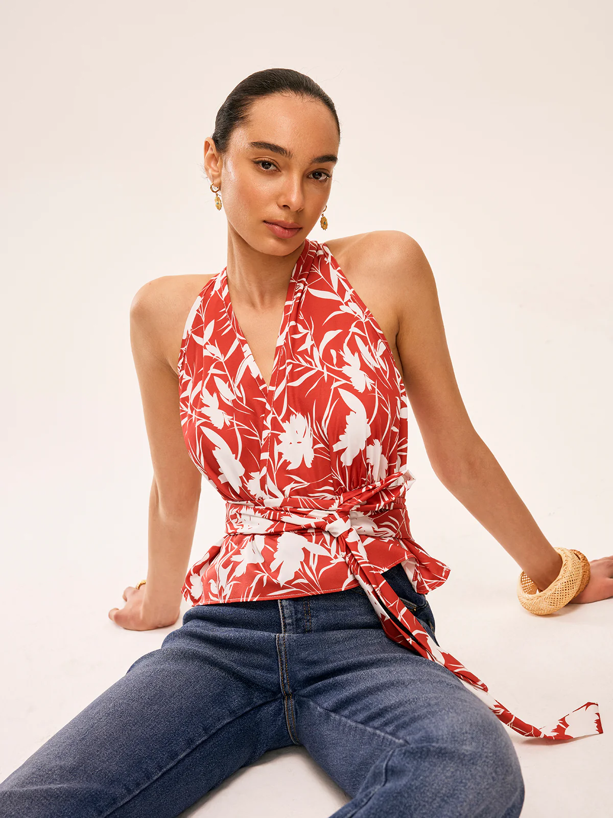 Floral Halter Neck Tie Waist Top - Takermore