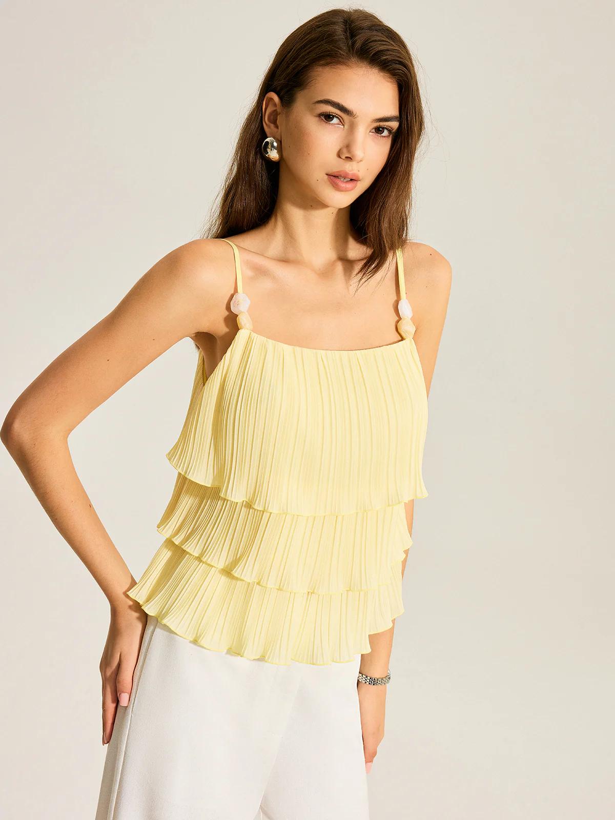 Beaded Strap Tiered Pleated Cami Top - Takermore