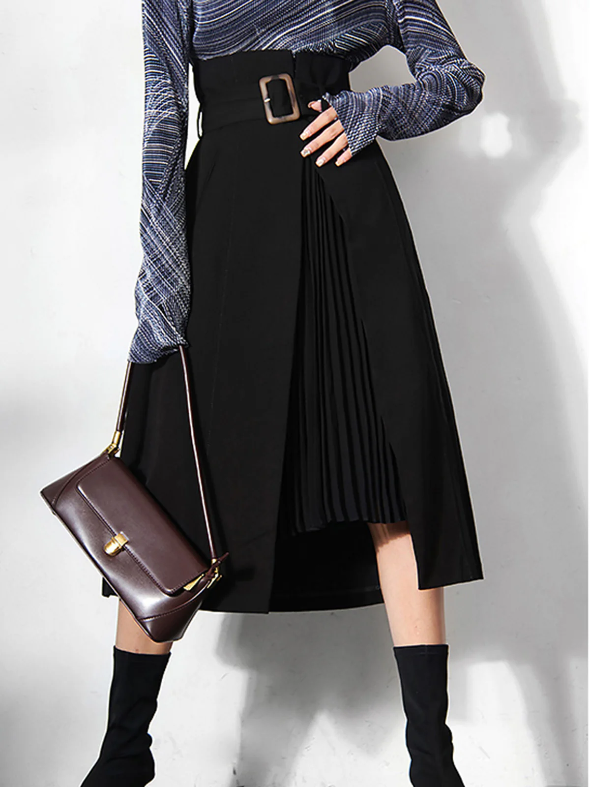 Irregular Package Belted Midi Skirt - Takermore