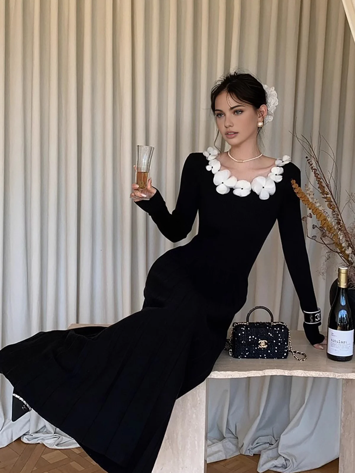 Floral Decor Pleated Sweater Dress - Takermore