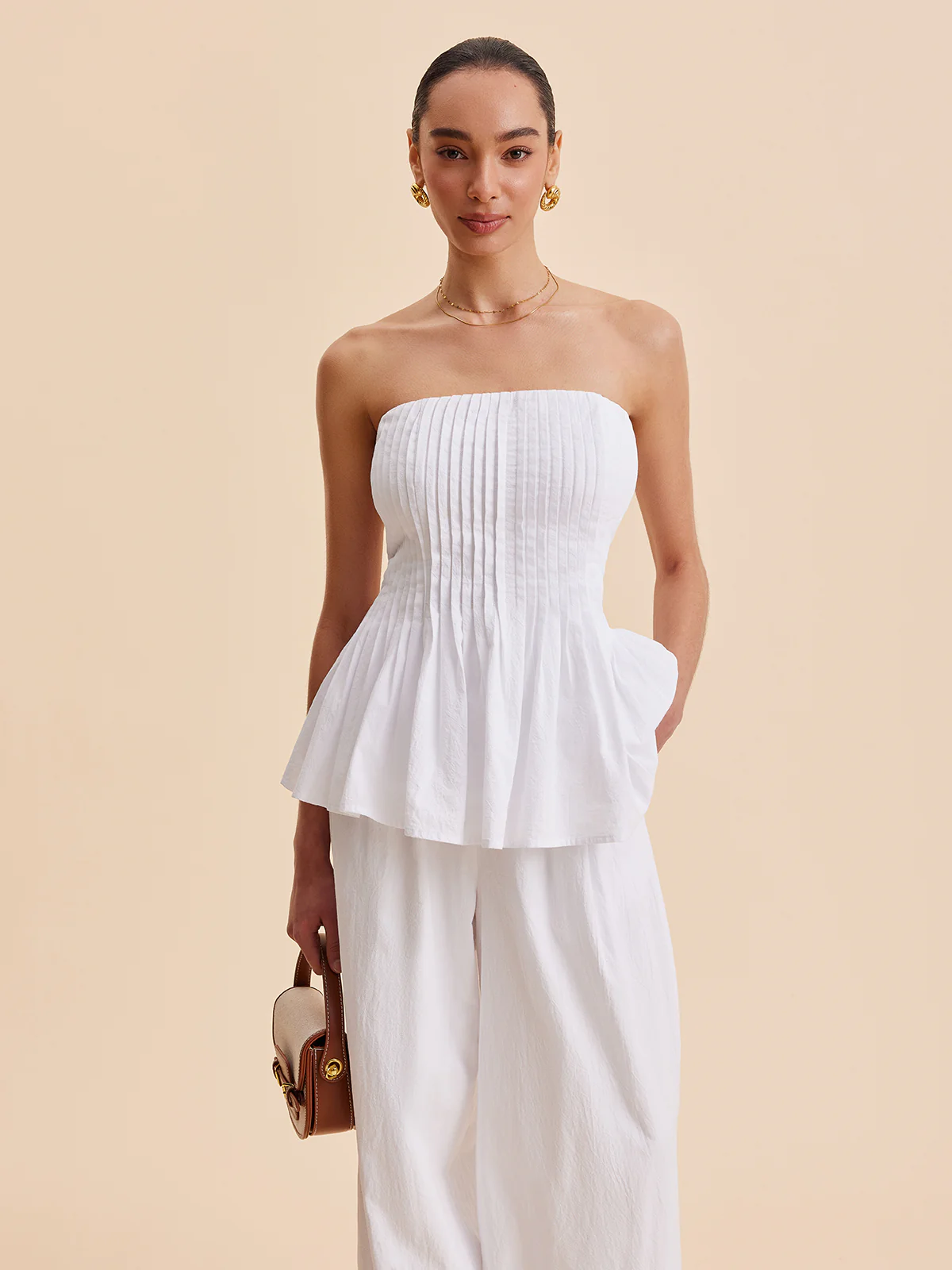 Cotton Pleated Strapless Peplum Top - Takermore