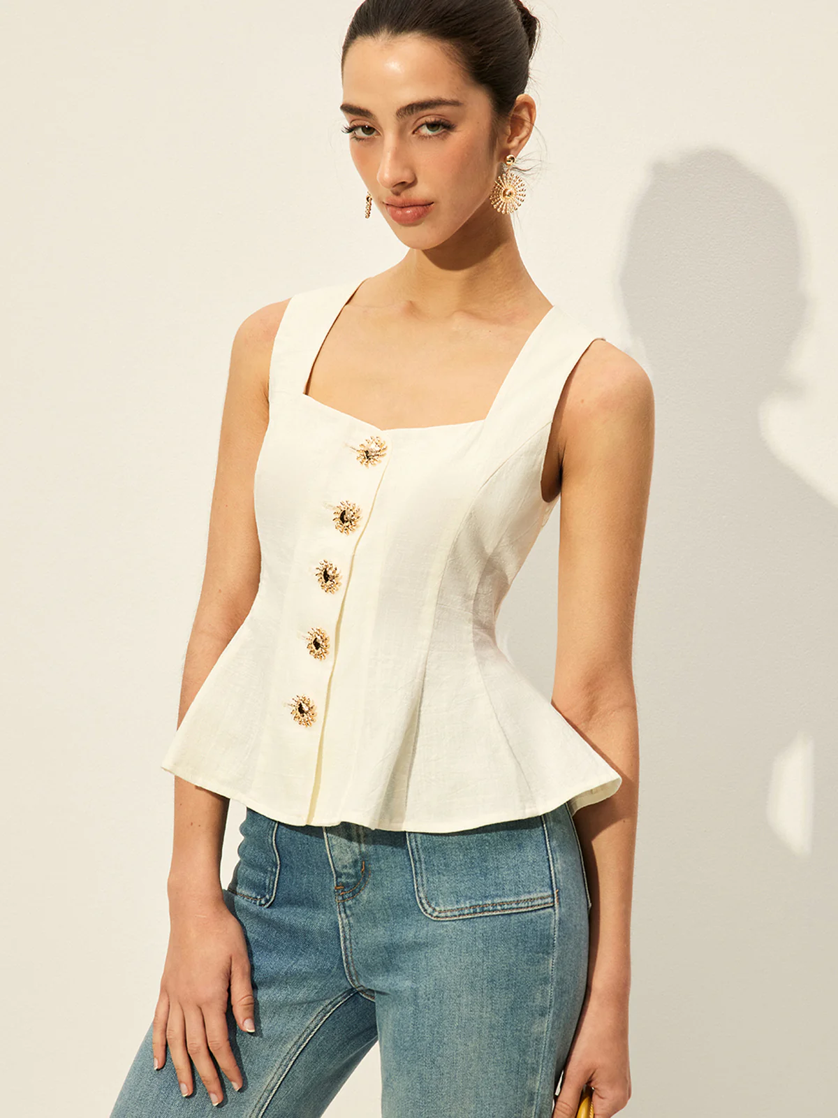 Square Neck Button-Front Peplum Top - Takermore