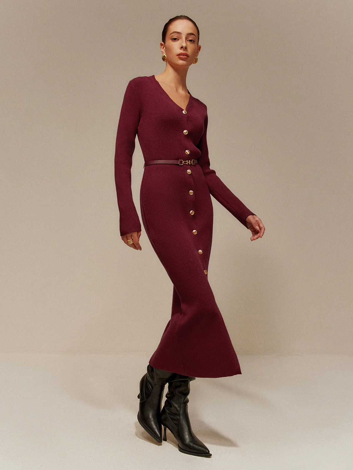 V-Neck Breasted Belted Sweater Long Dress - Takermore