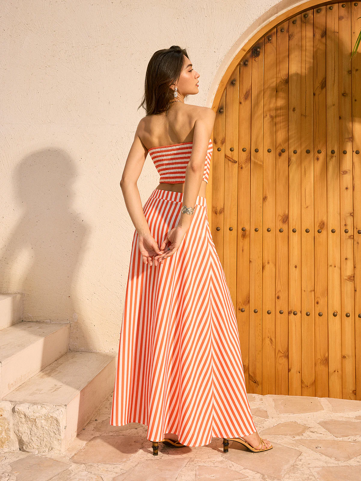 Striped Tube Top and Maxi Skirt Set - Takermore