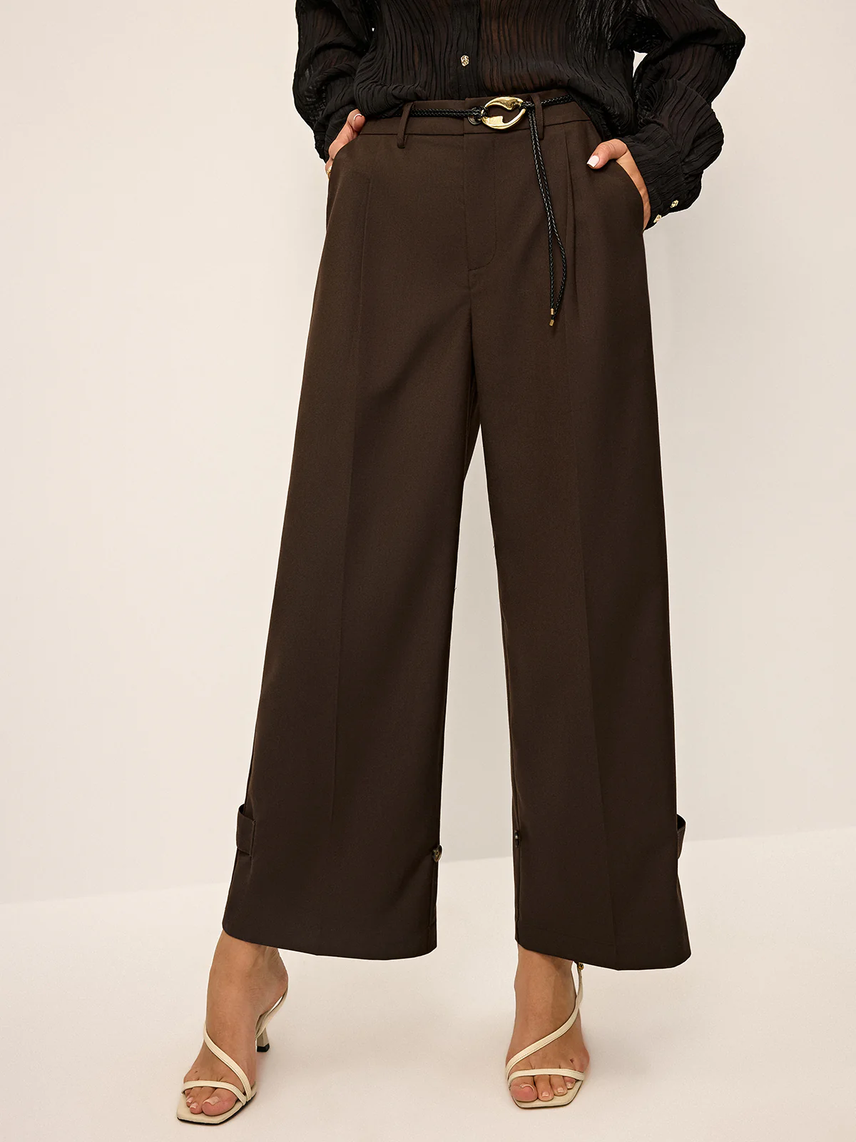 Pleated Wide-Leg Pants with Ankle Button Detail - Takermore