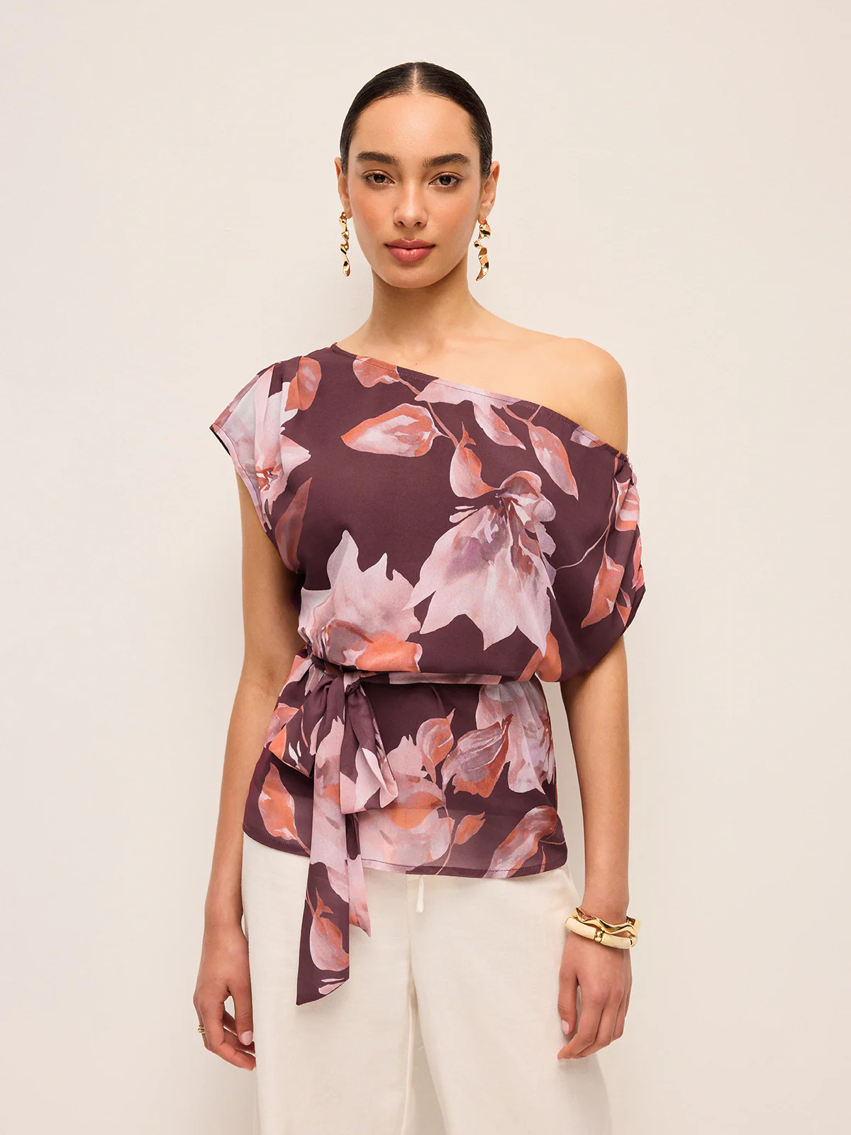 One-Shoulder Floral Belted Blouse - Takermore