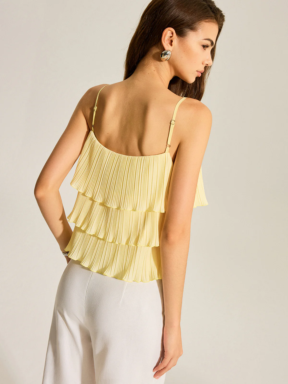 Beaded Strap Tiered Pleated Cami Top - Takermore