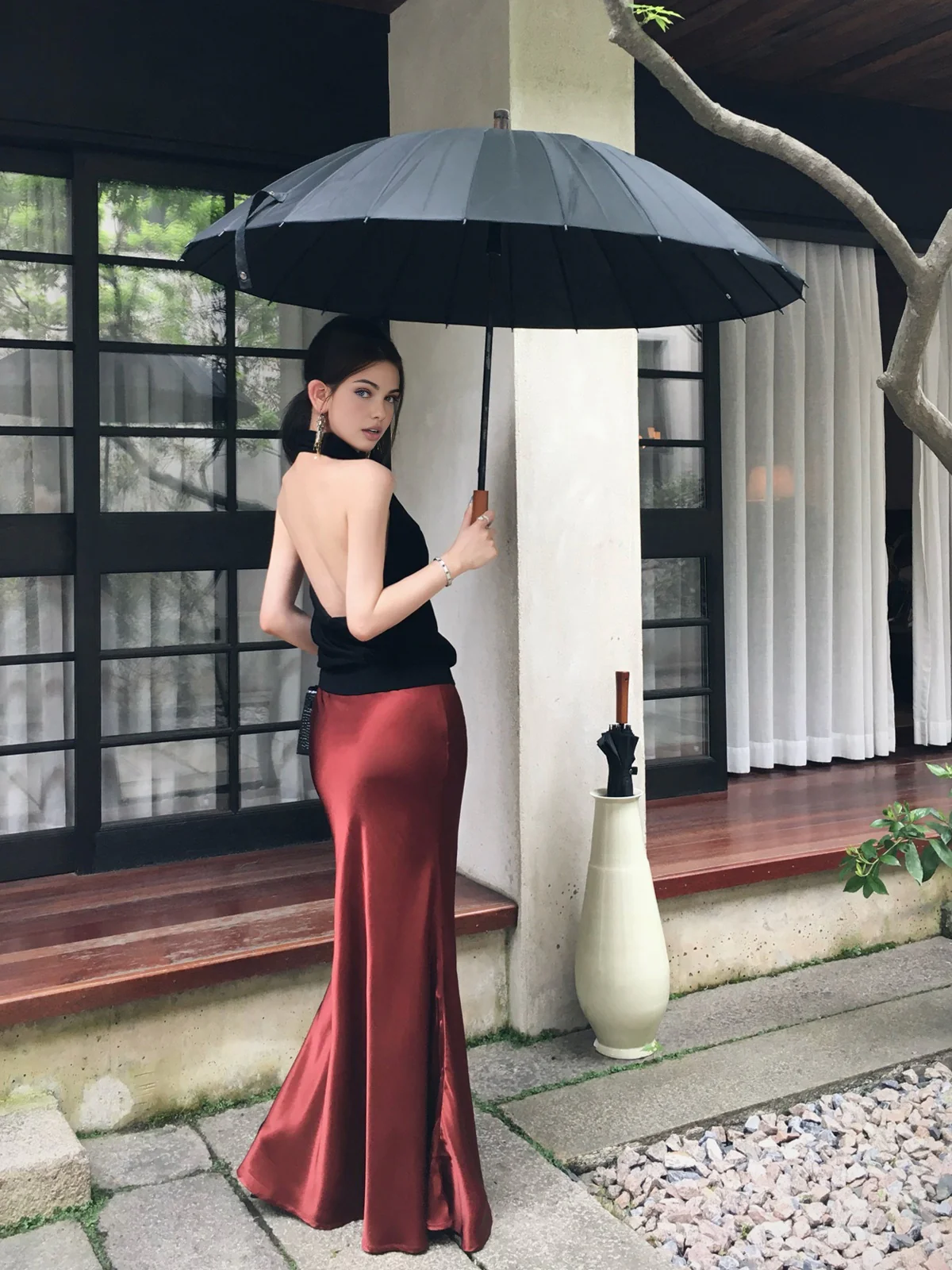 Pleated Satin Maxi Skirt - Takermore