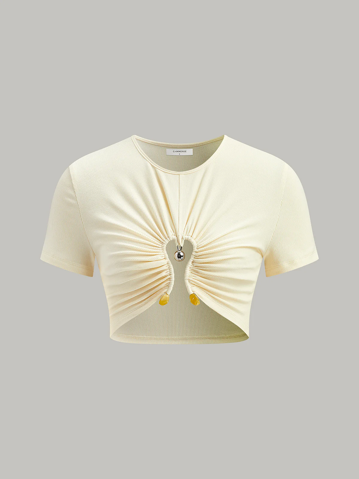 Cut-Out Ruched Metal Detail Ribbed T-Shirt - Takermore
