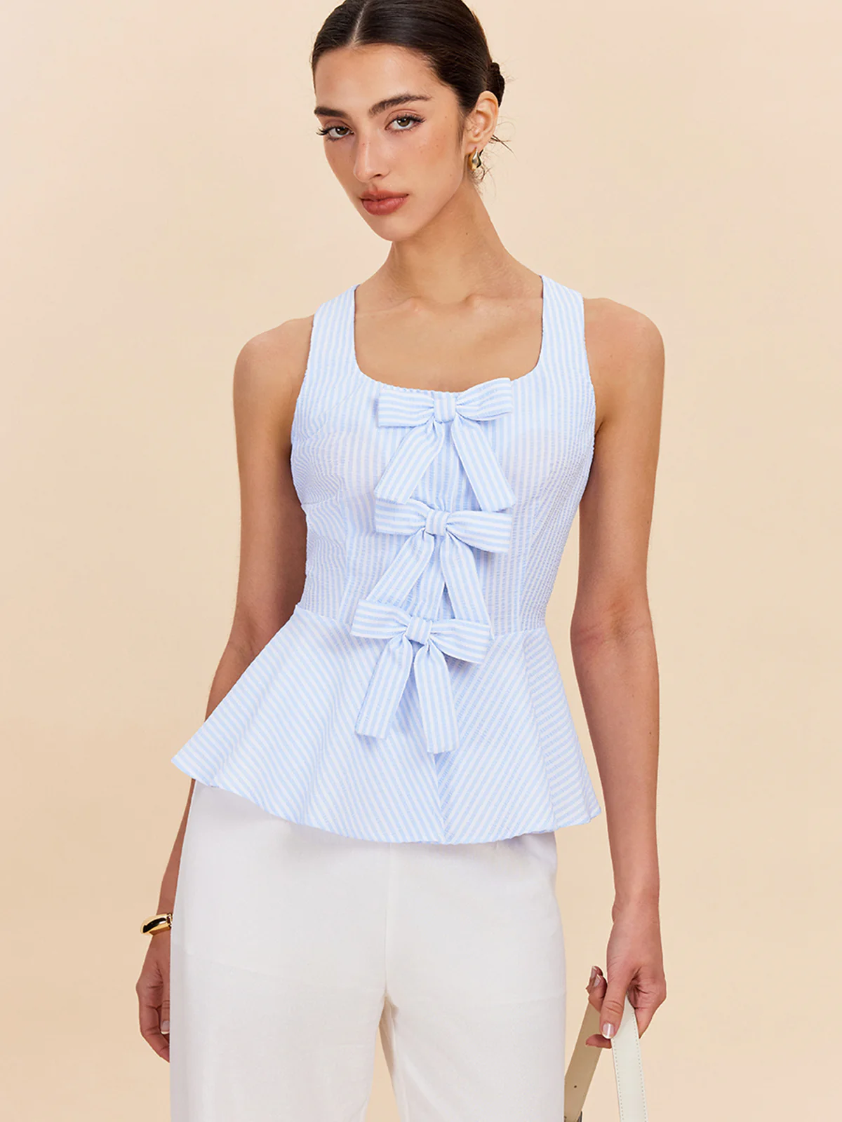Striped Peplum Top With Bow Details - Takermore