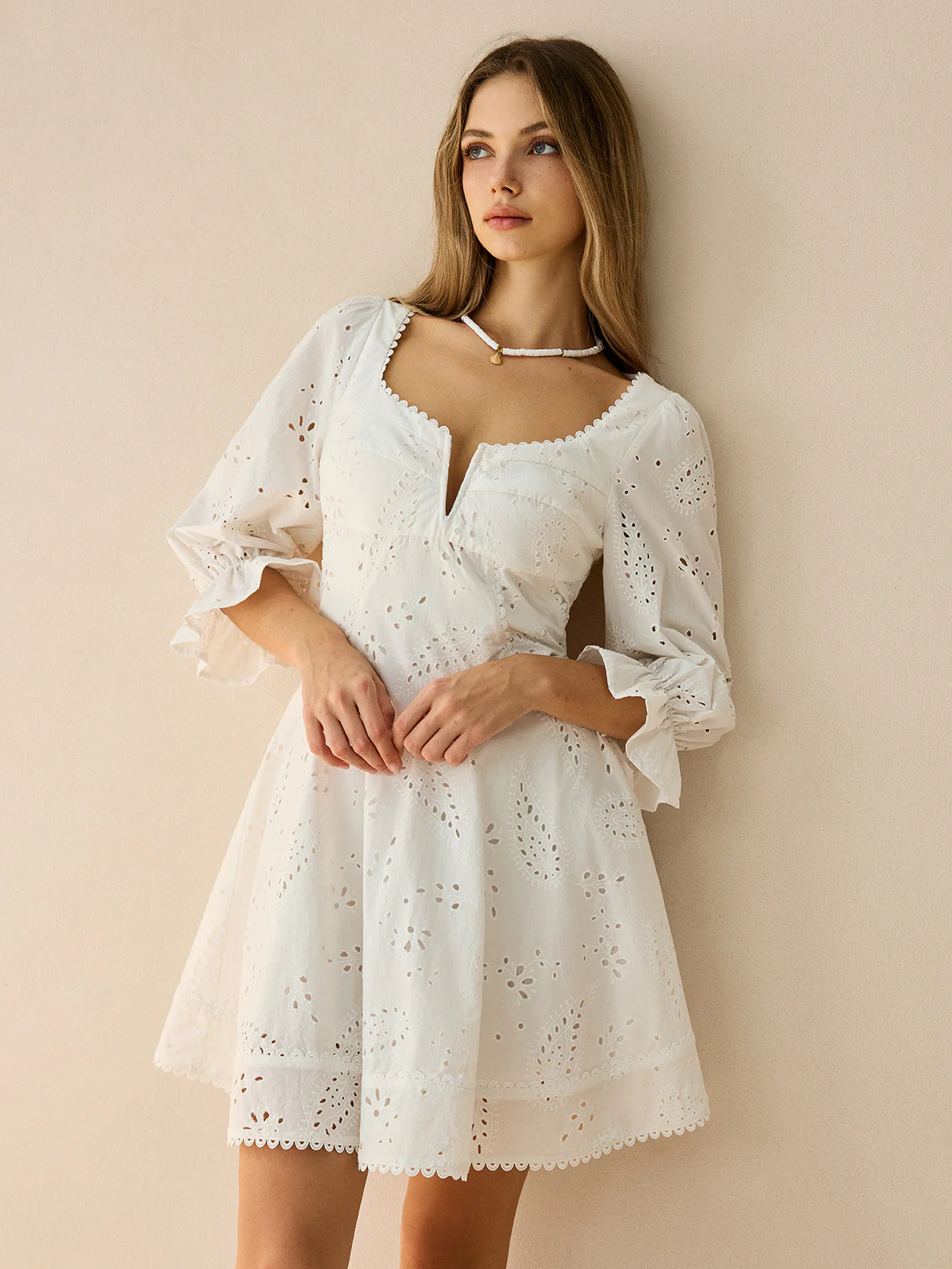 Cotton Scalloped Edge Eyelet Mini Dress - Takermore