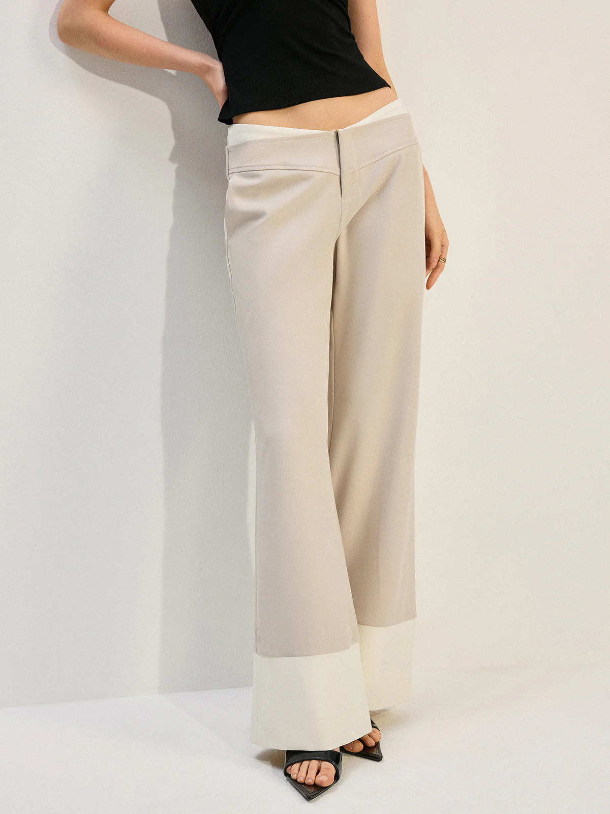 Wide-Leg Low-Rise Pants with Colorblock Hem - Takermore