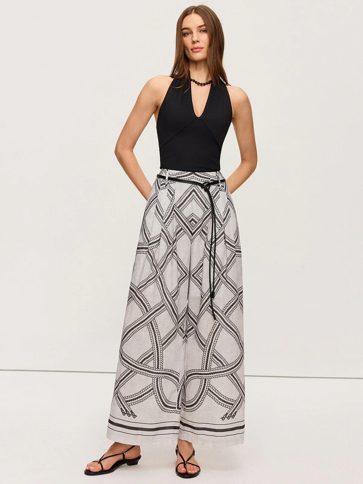Geometric Print Belted Wide-Leg Pants - Takermore