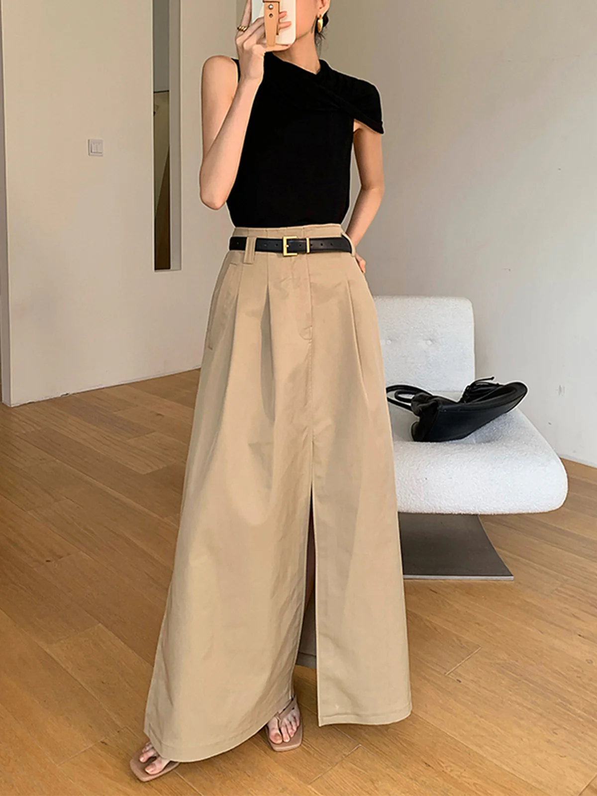 Oversized Cotton Split Maxi Skirt Without Belt - Takermore