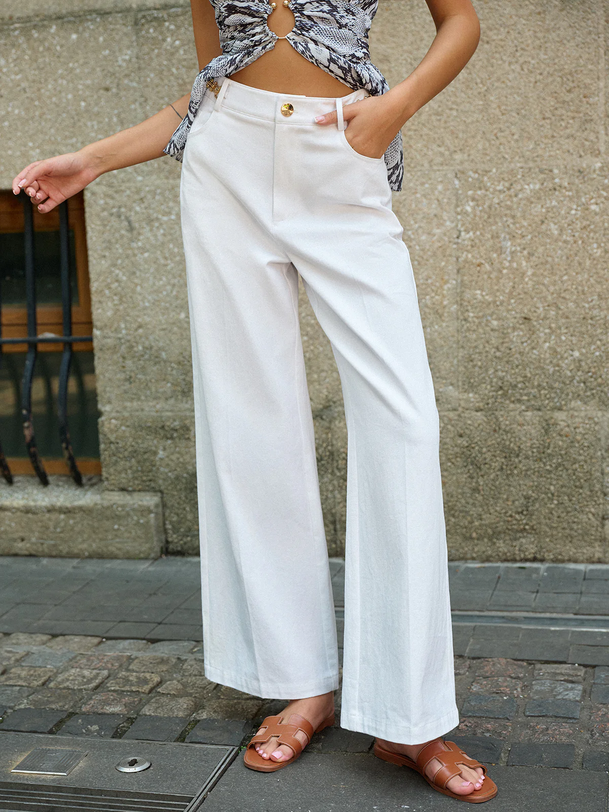 Metal Decor Wide-Leg Pants - Takermore