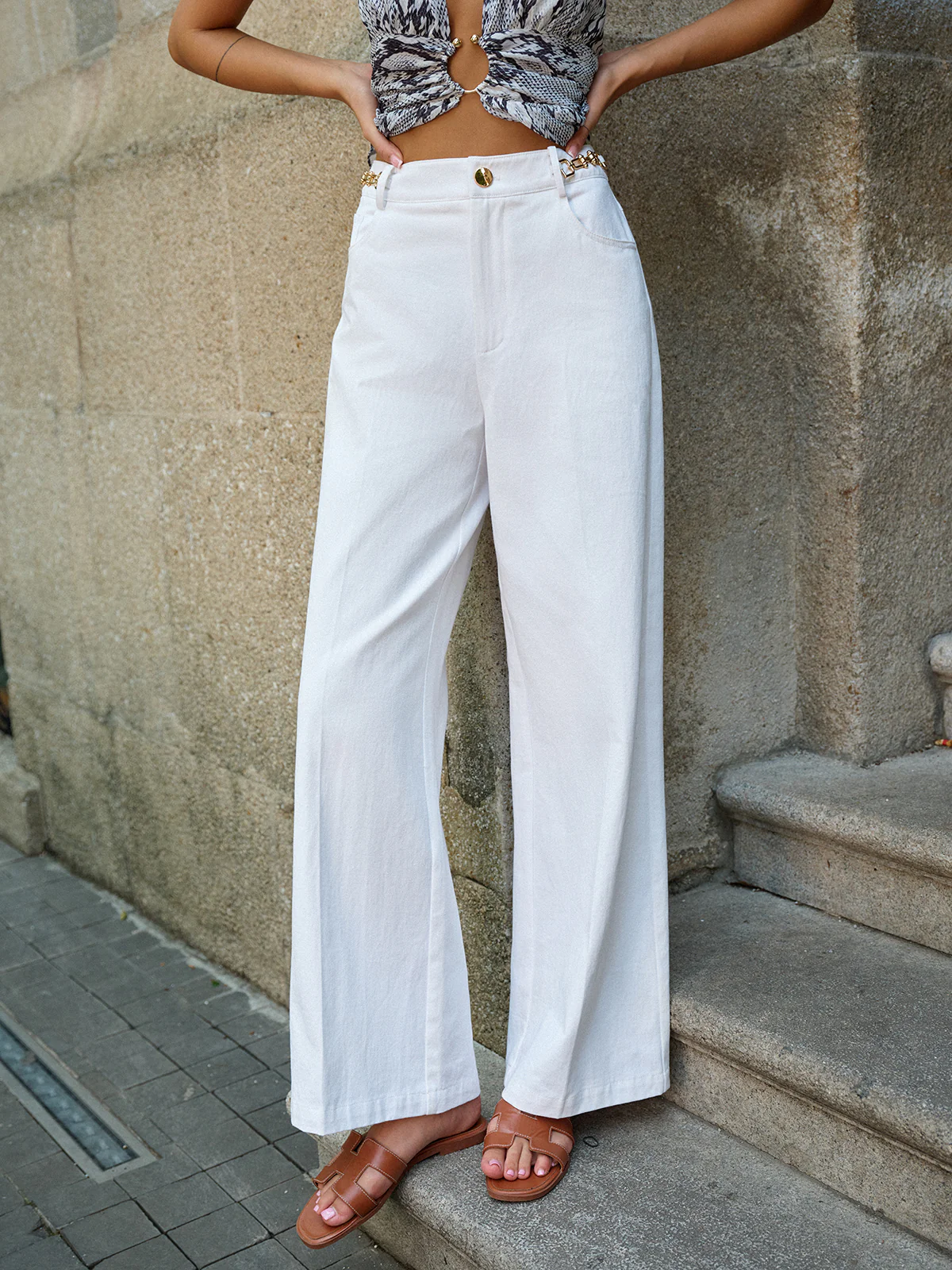 Metal Decor Wide-Leg Pants - Takermore