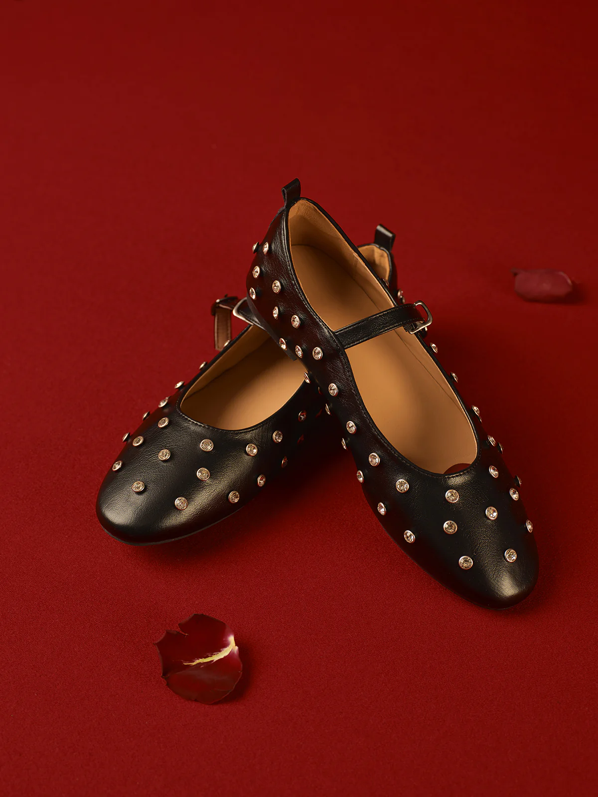 Studded Buckle Strap Mary Jane Ballet Flats - Takermore