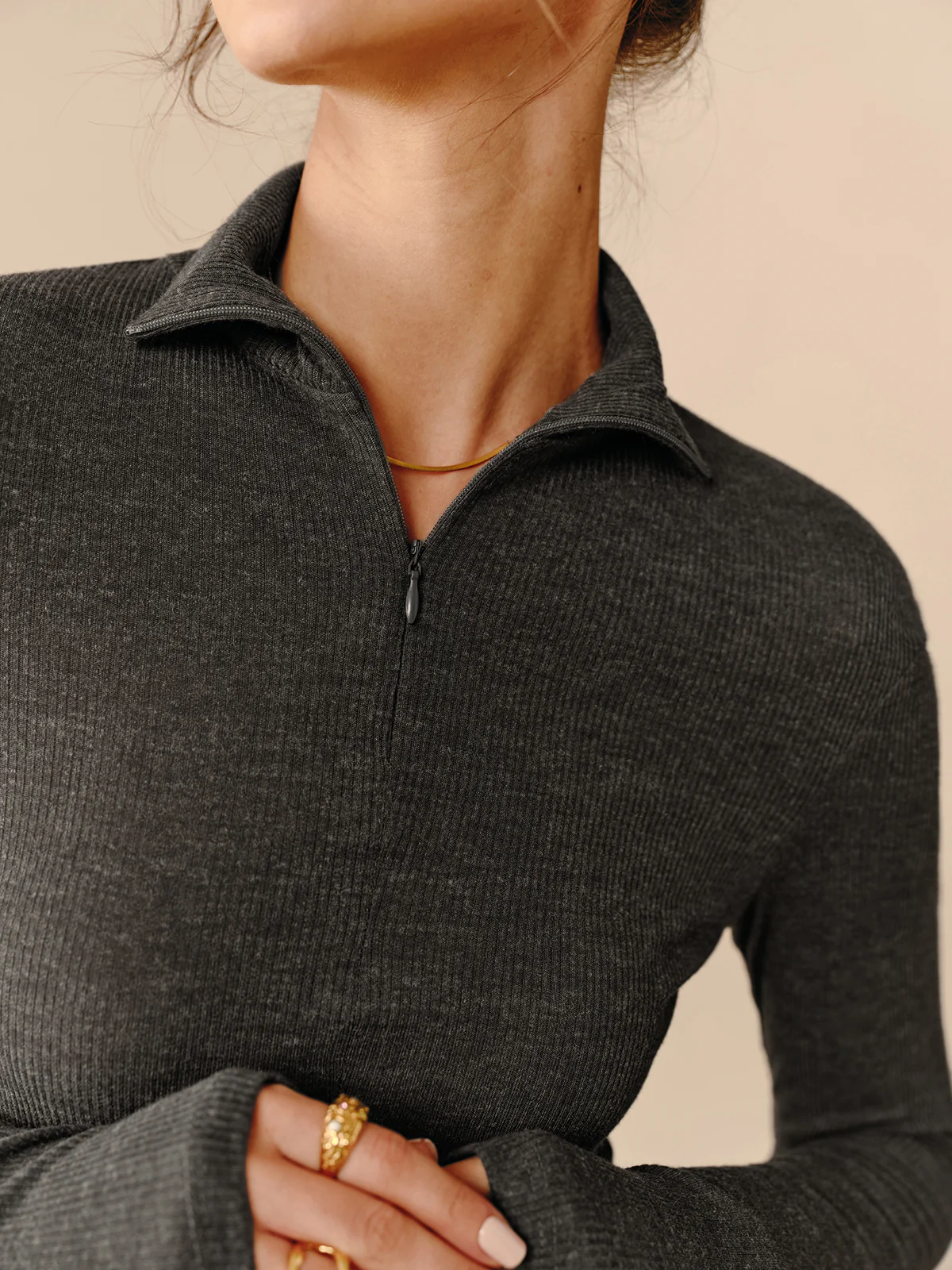 Turtleneck Ribbed Zipper T-Shirt - Takermore