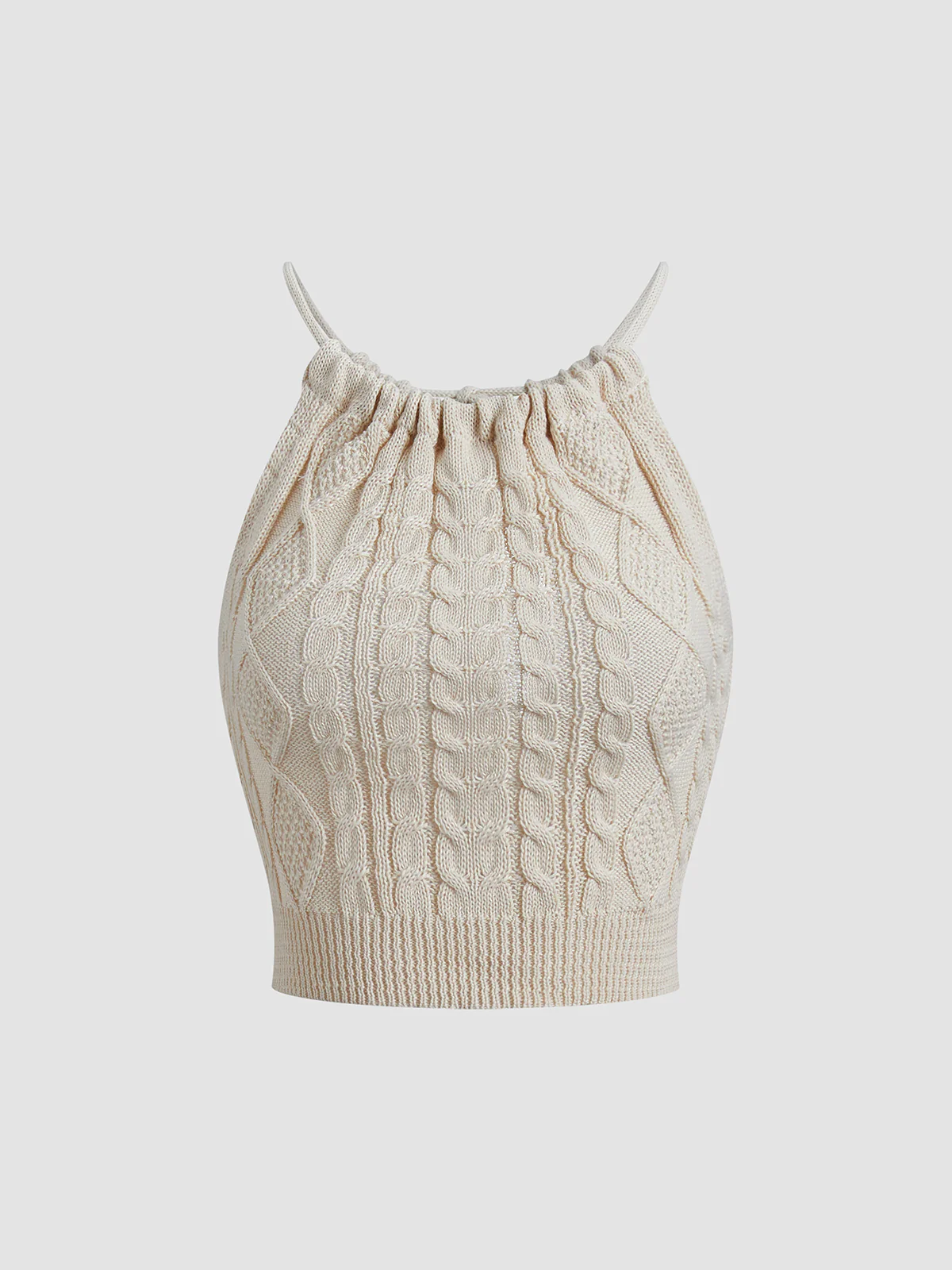 Drawstring Open Back Cable Knit Halter Crop Top - Takermore