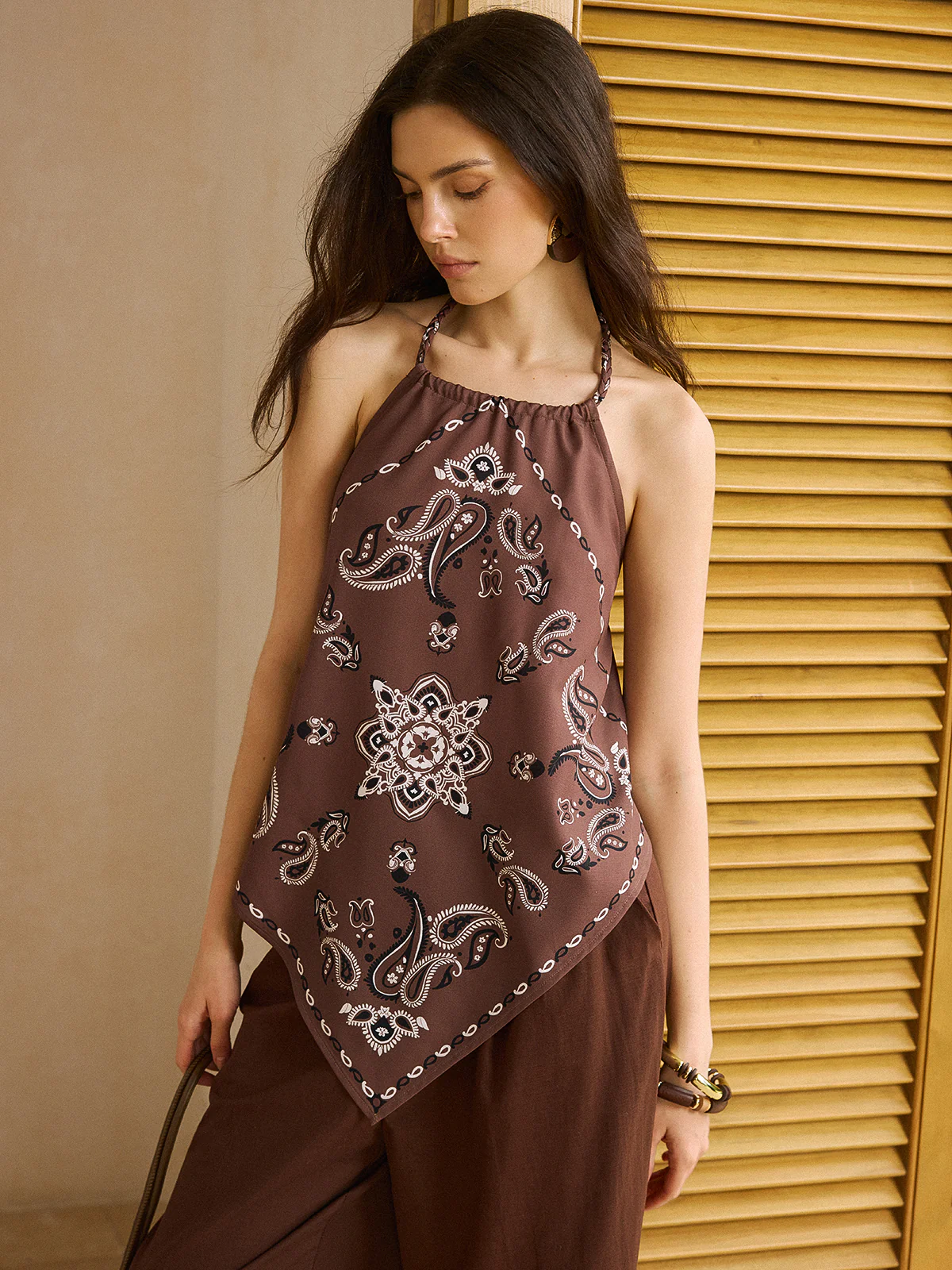 Boho Print Halter Neck Backless Top - Takermore