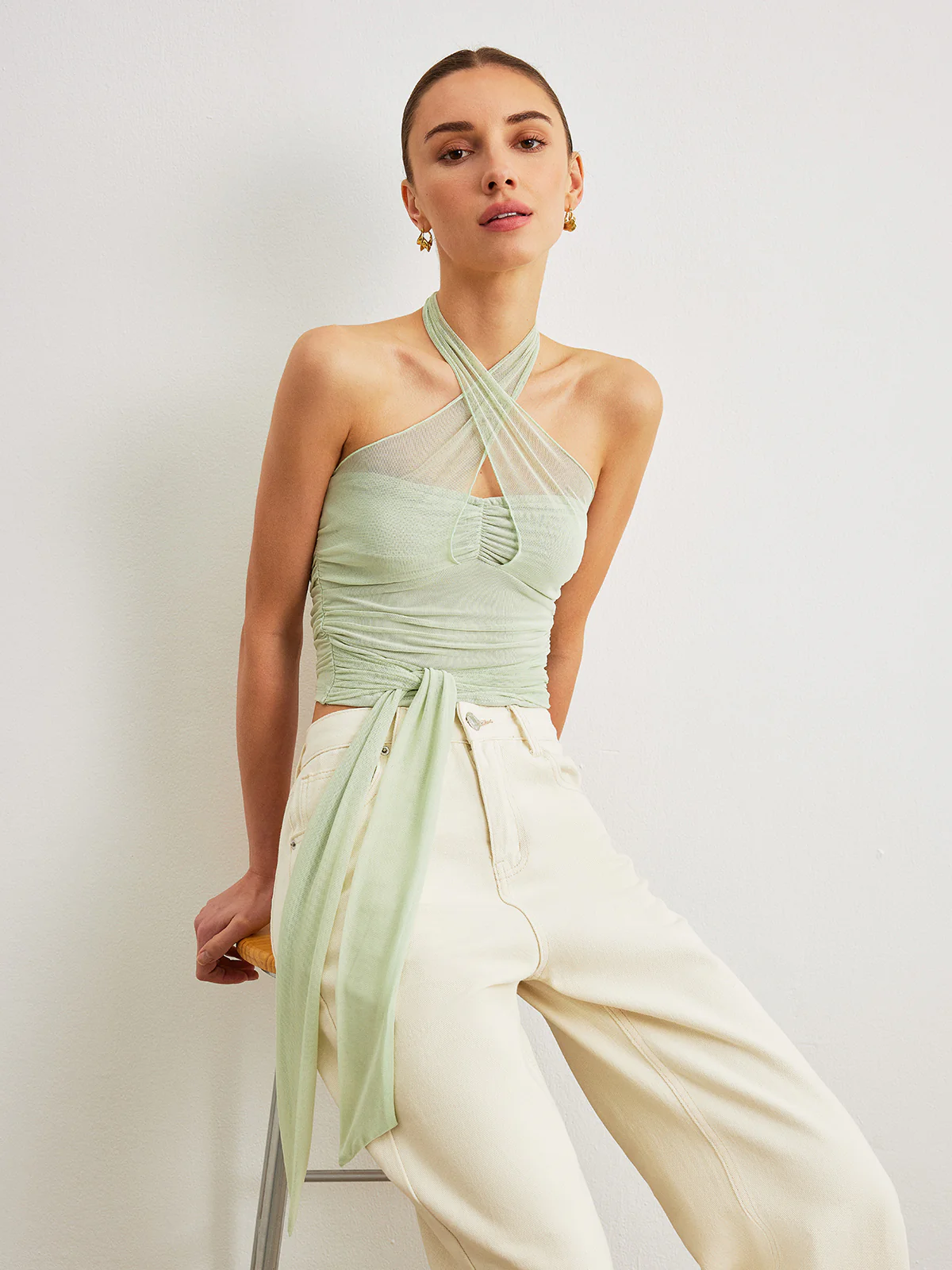 Criss-Cross Halter Linen Crop Top - Takermore