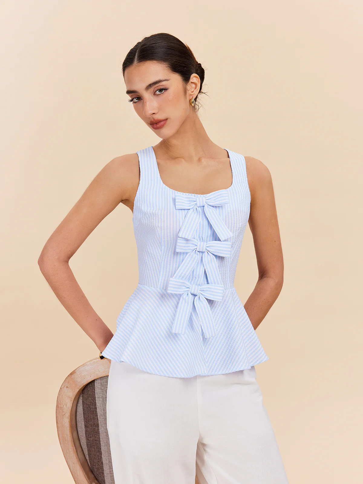 Striped Peplum Top With Bow Details - Takermore