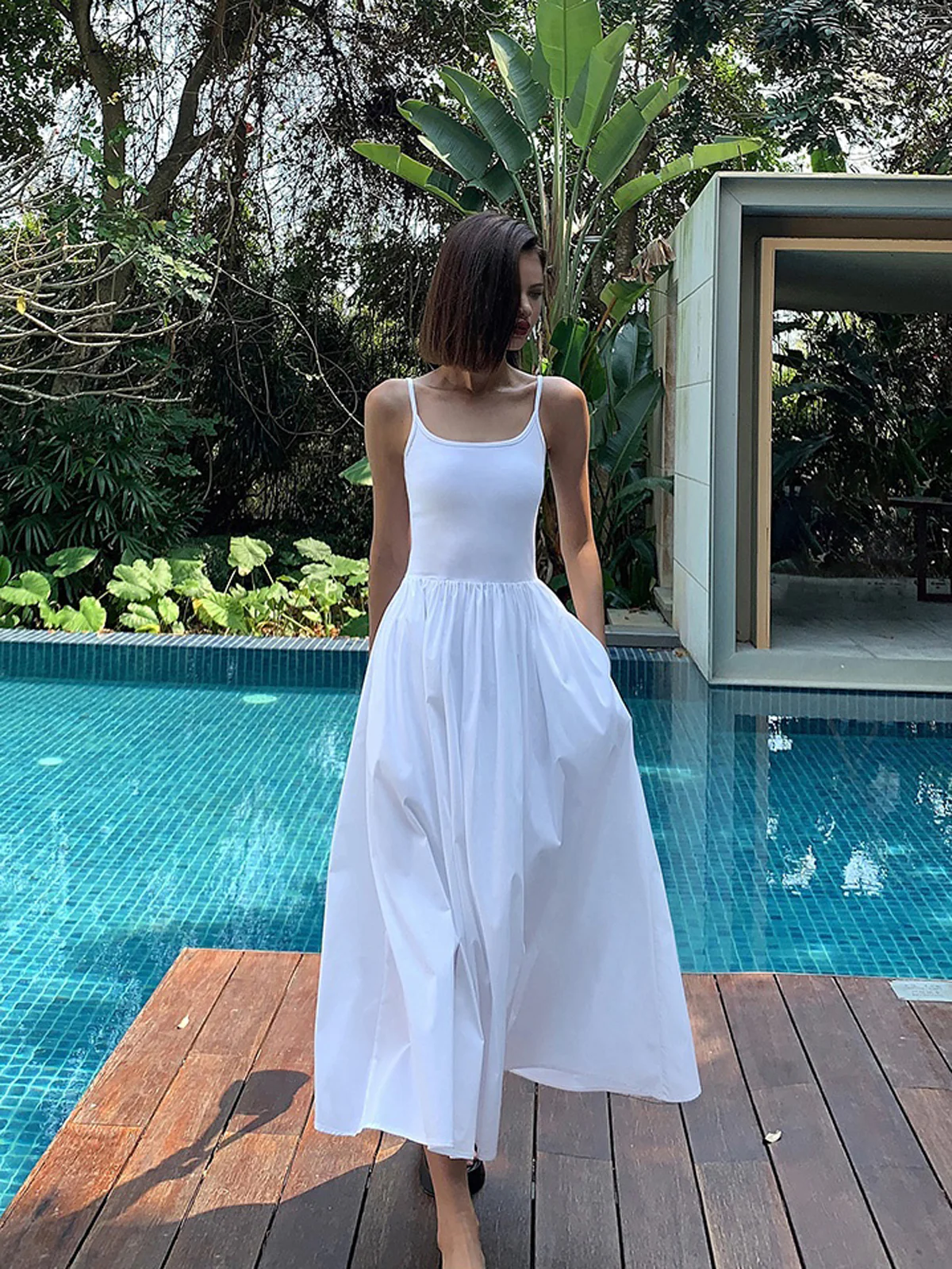 Patchwork Pockets Cotton Cami Midi Dress - Takermore