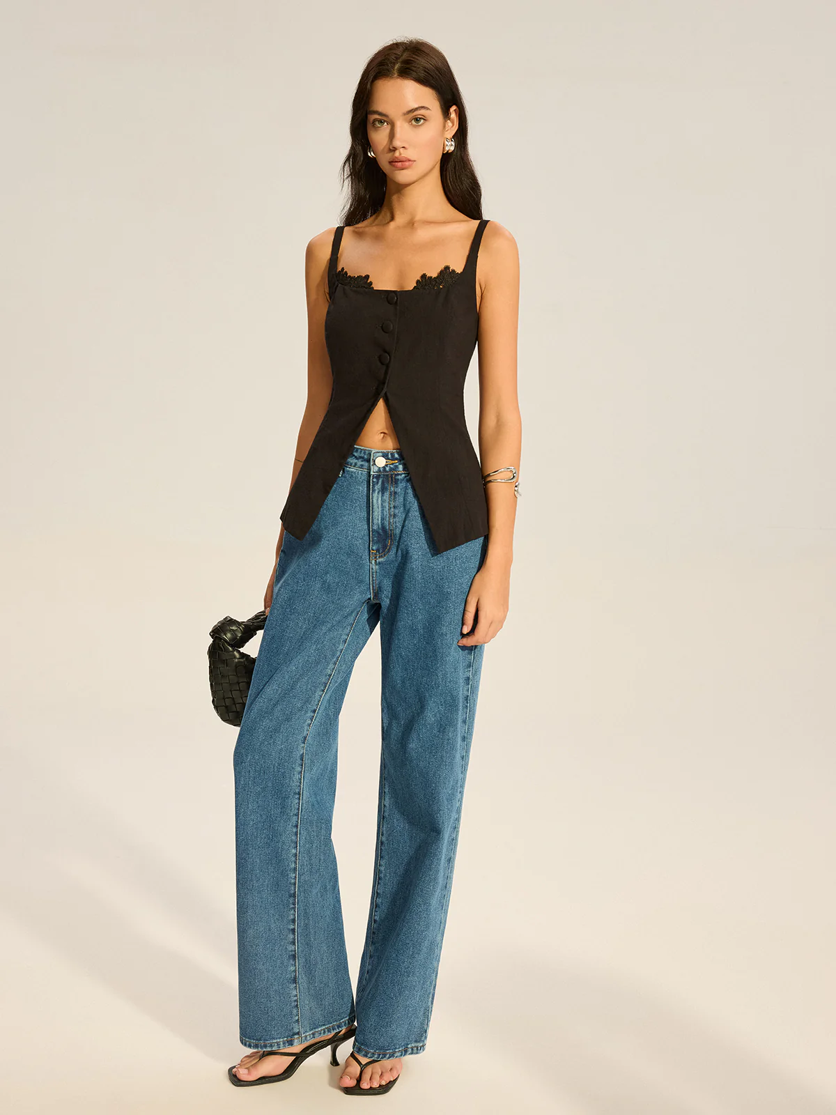 Lace-Trimmed Button Top with Slit - Takermore