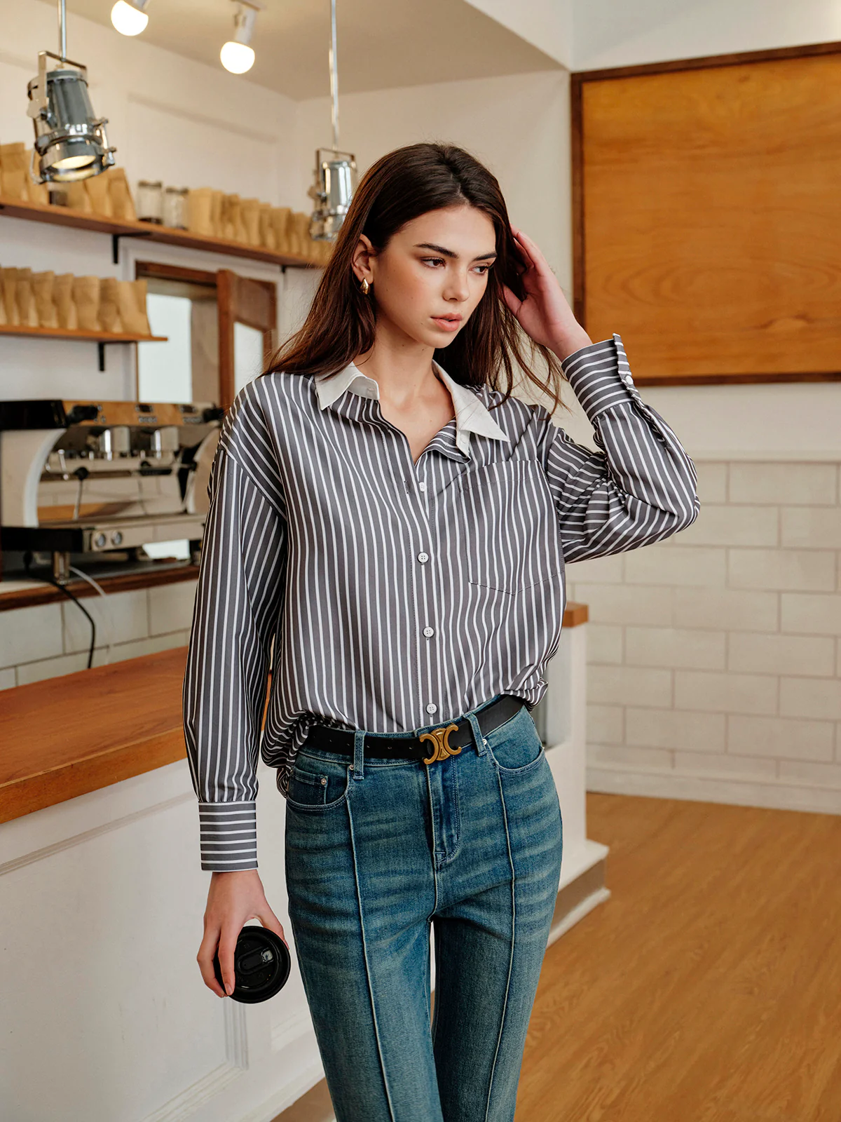 Striped Contrast Collar Button-Up Shirt - Takermore