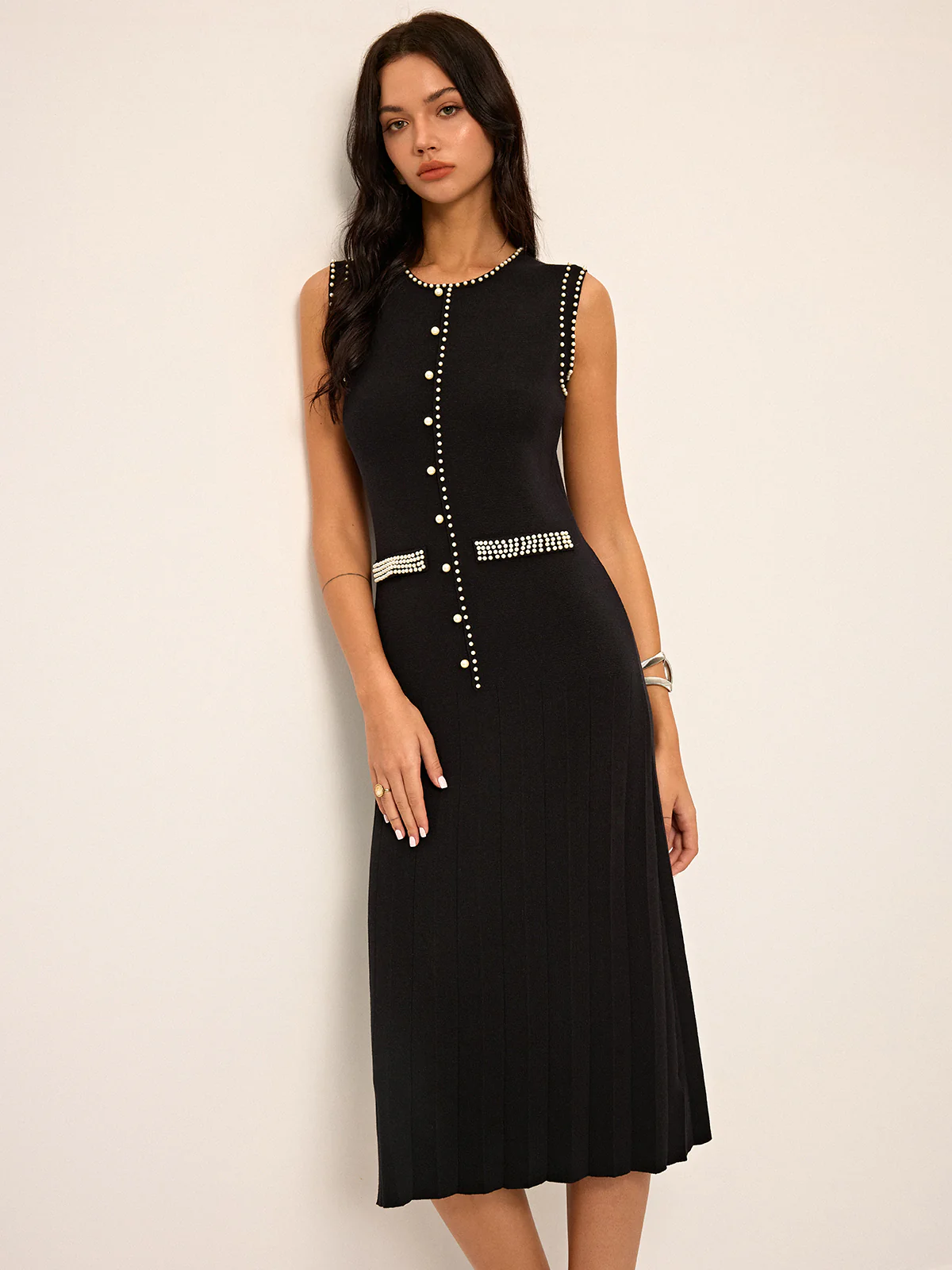 Pearl  Detail Sleeveless Knit Midi Dres - Takermore