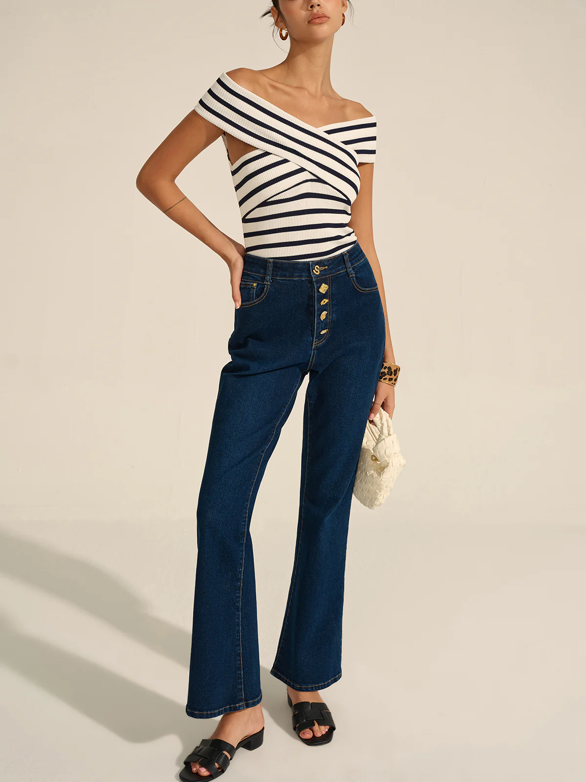 Denim Metal Decor Flared Pants - Takermore