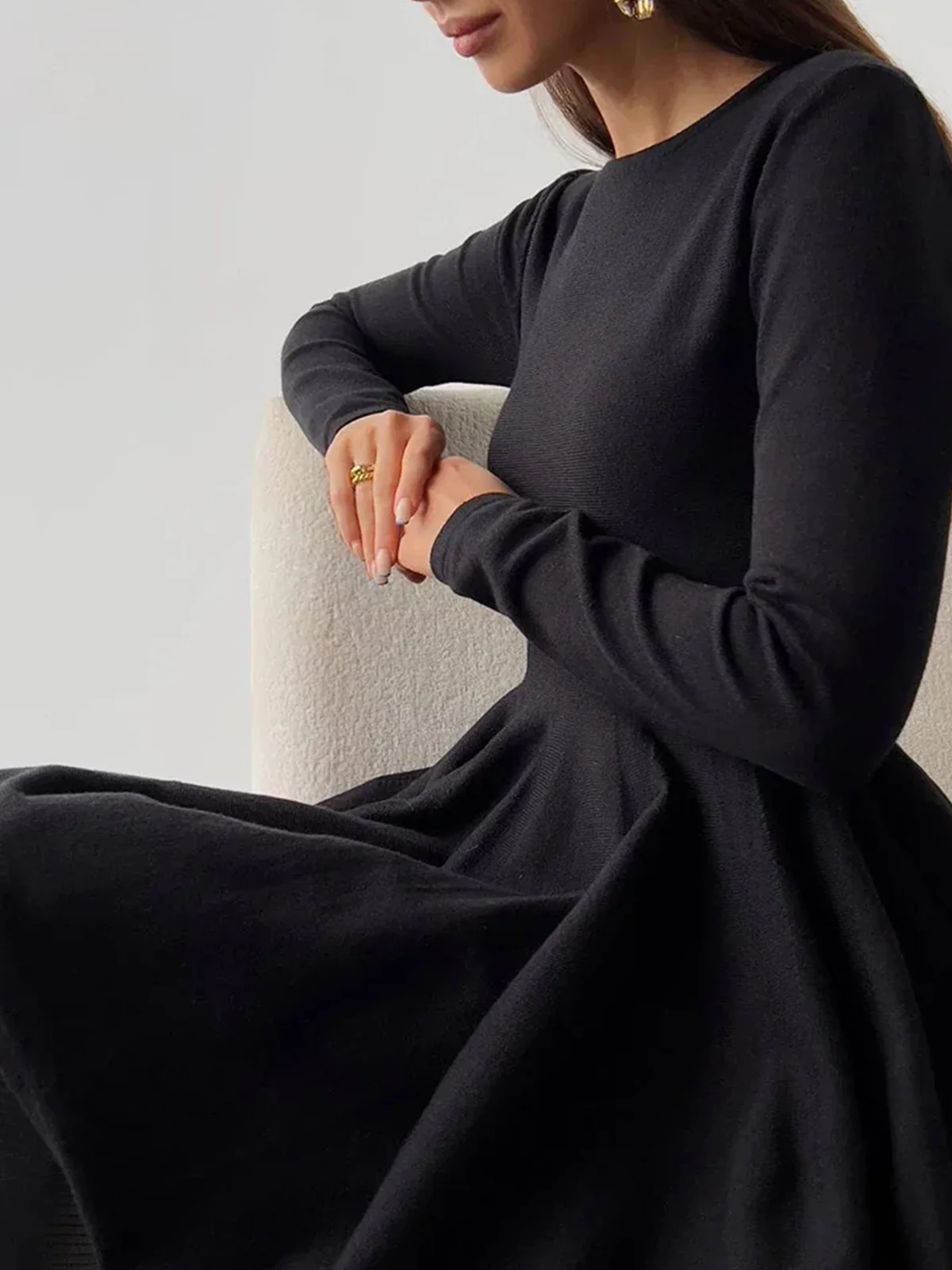 Plain Pleated Sweater Short Dress - Takermore