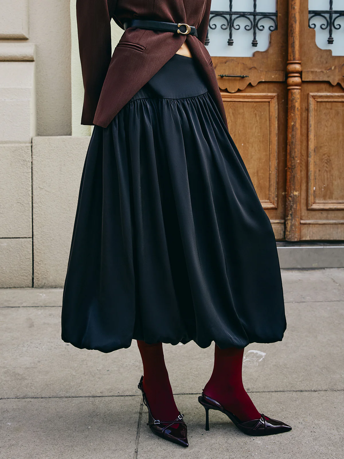 Bud Waist Pleated Satin Skirt - Takermore