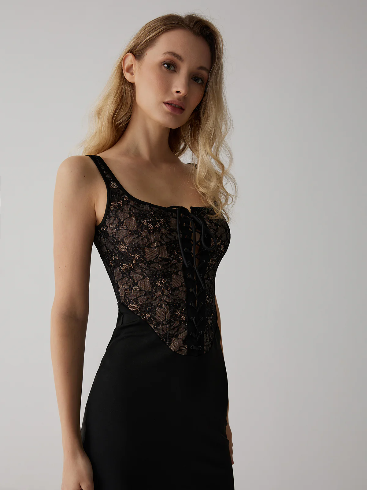 Lace Corset Square Neck Long Dress - Takermore