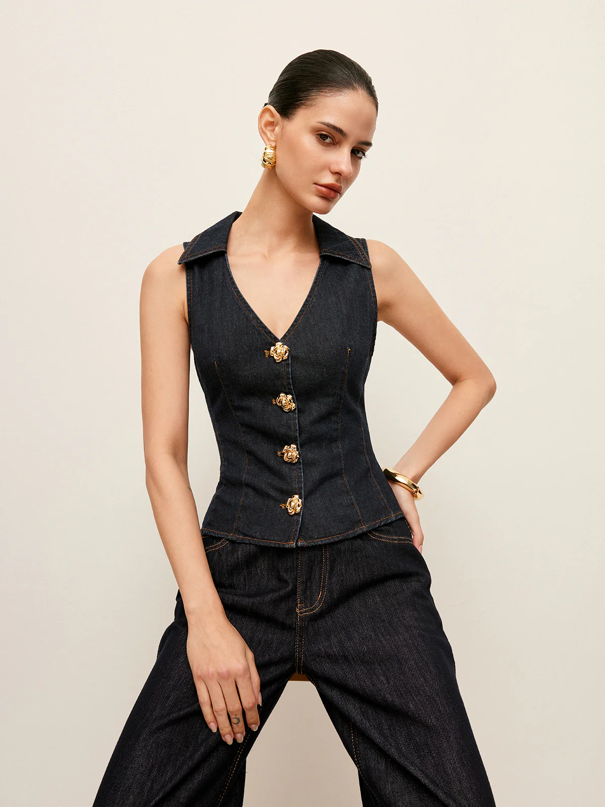 Denim Collared Vest With Floral Button Detail - Takermore