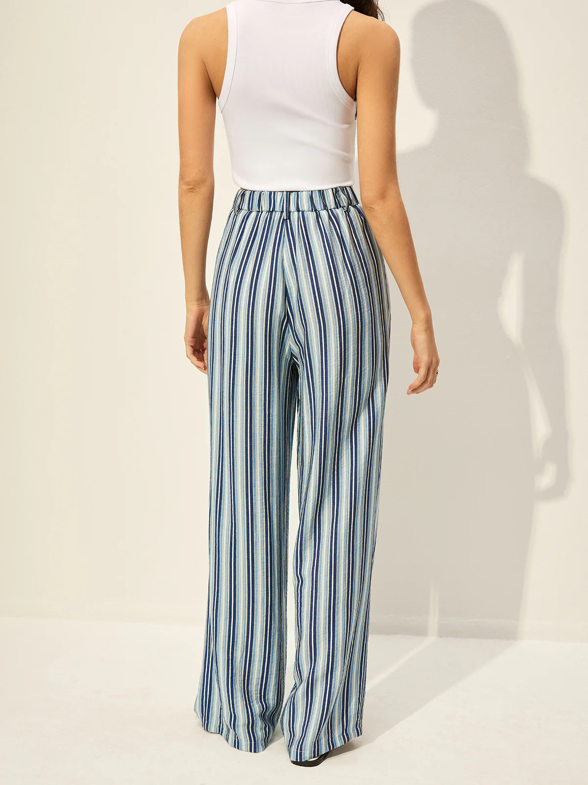 Cotton Blend High-Waist Striped Pants - Takermore