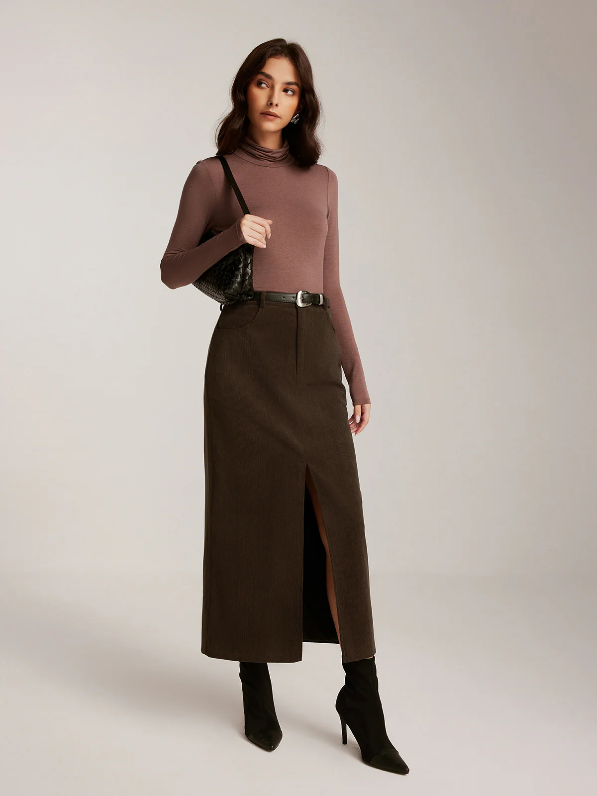 Corduroy Split Belted Midi Skirt - Takermore
