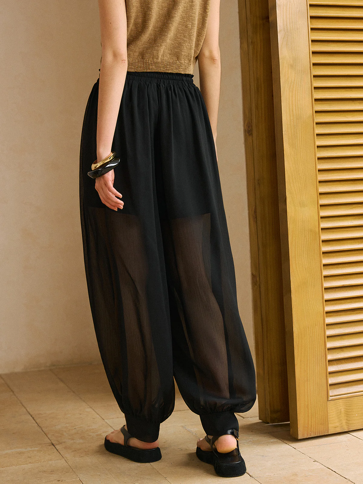 Sheer Chiffon Pants with Elastic Waist and Ankle Cuffs - Takermore