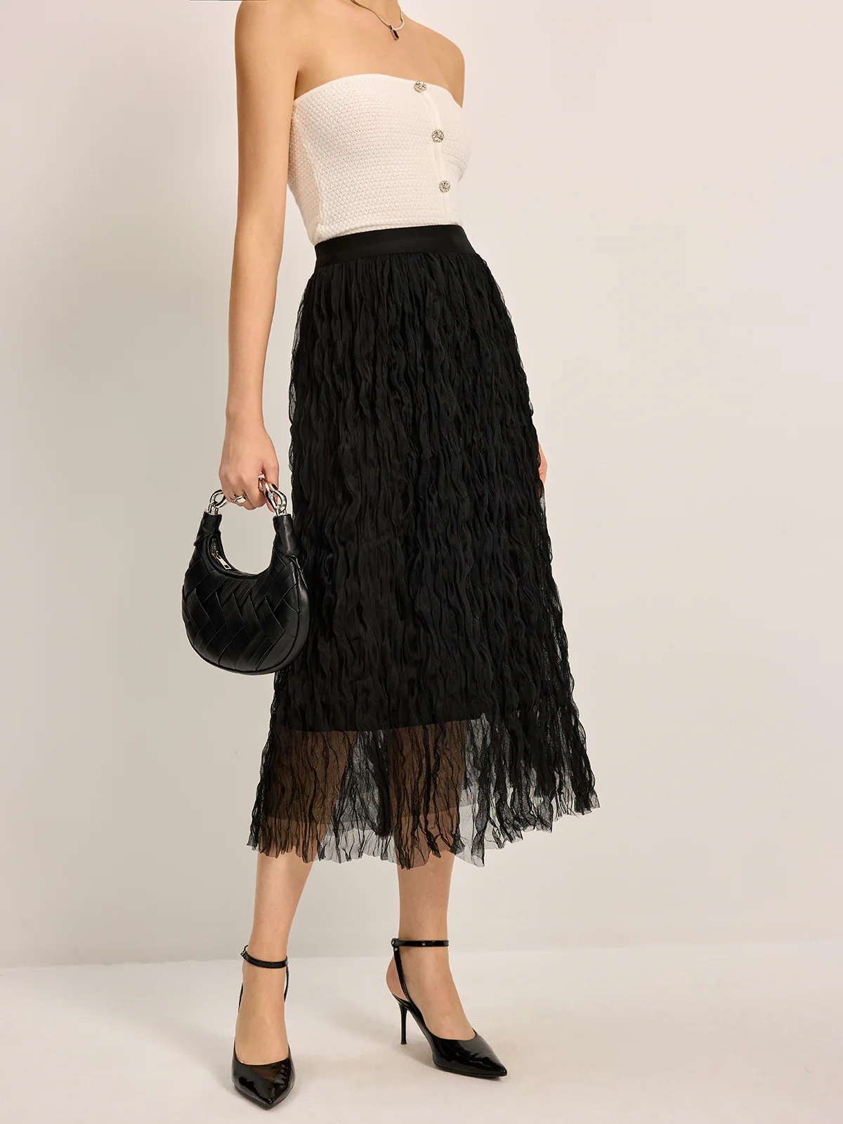 Pleated Tulle Midi Skirt - Takermore