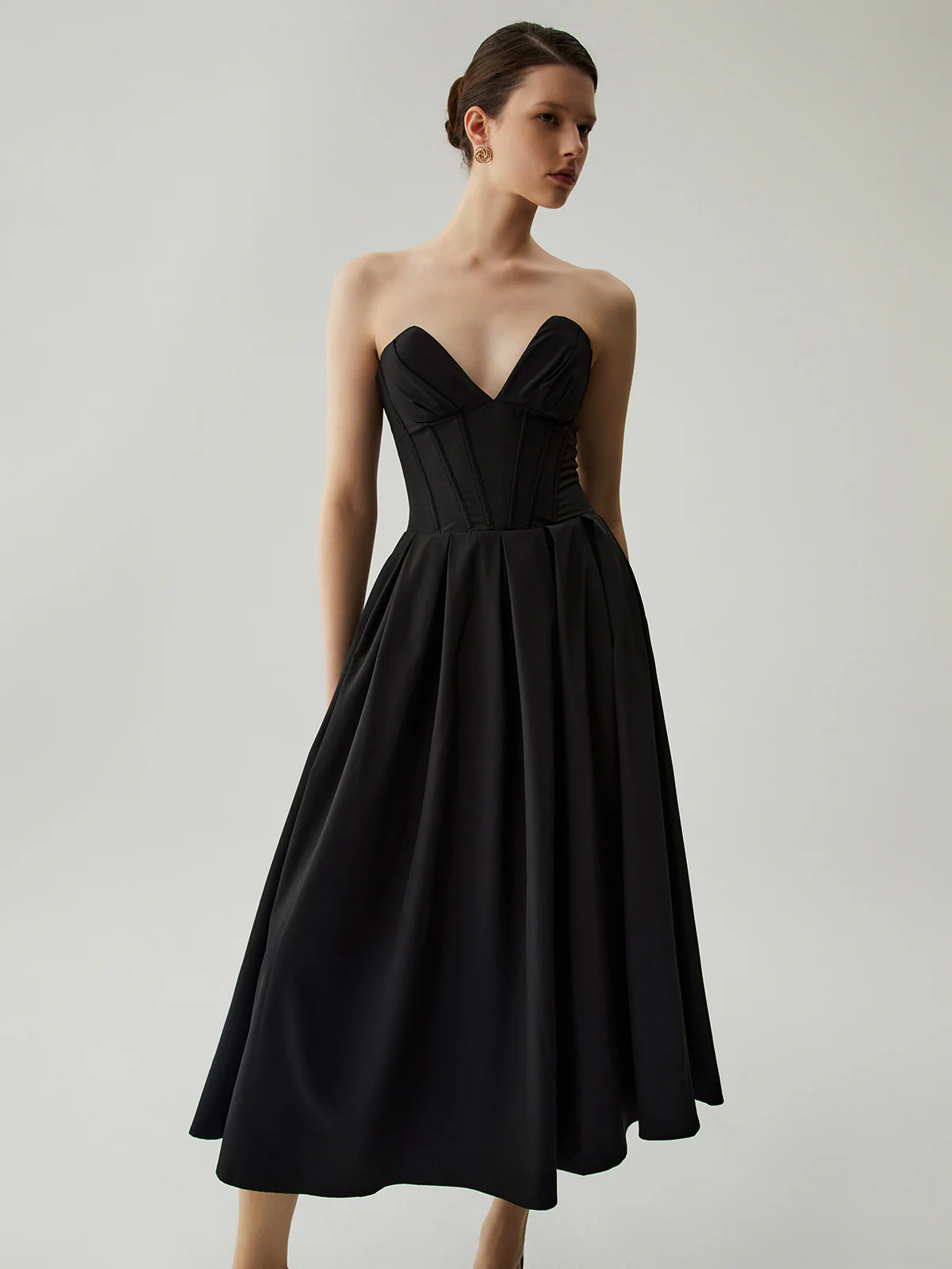 Double Pockets Pleated Zip Corset Tube Midi Dress - Takermore