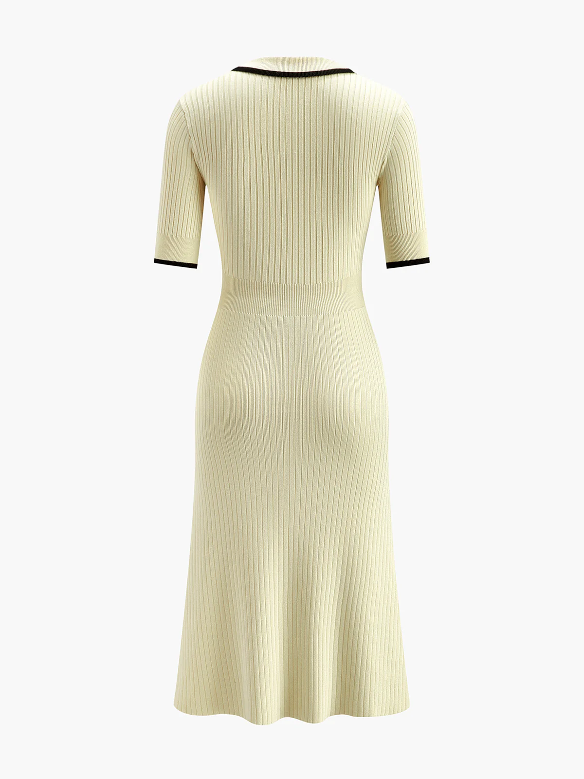 Contrast Trim Collared Rib Knit Short Sleeve Midi Dress - Takermore