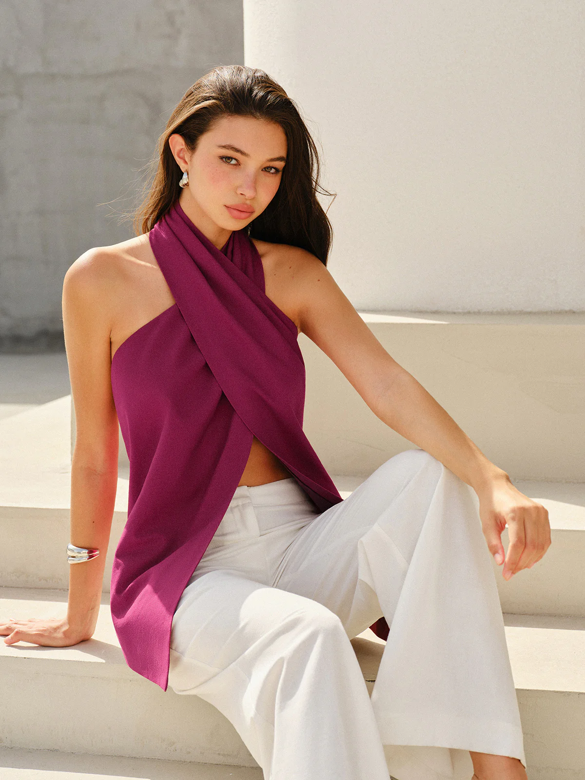 Halter-Style Cross-Neckline Backless Top - Takermore