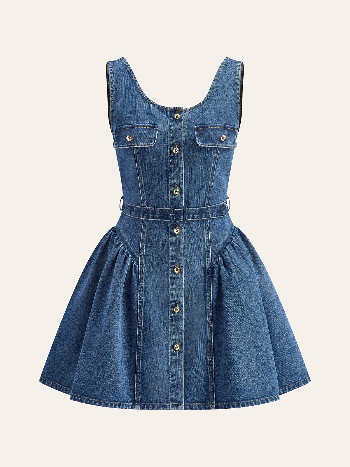 Denim Belted Button-Front Pleated Dress - Takermore