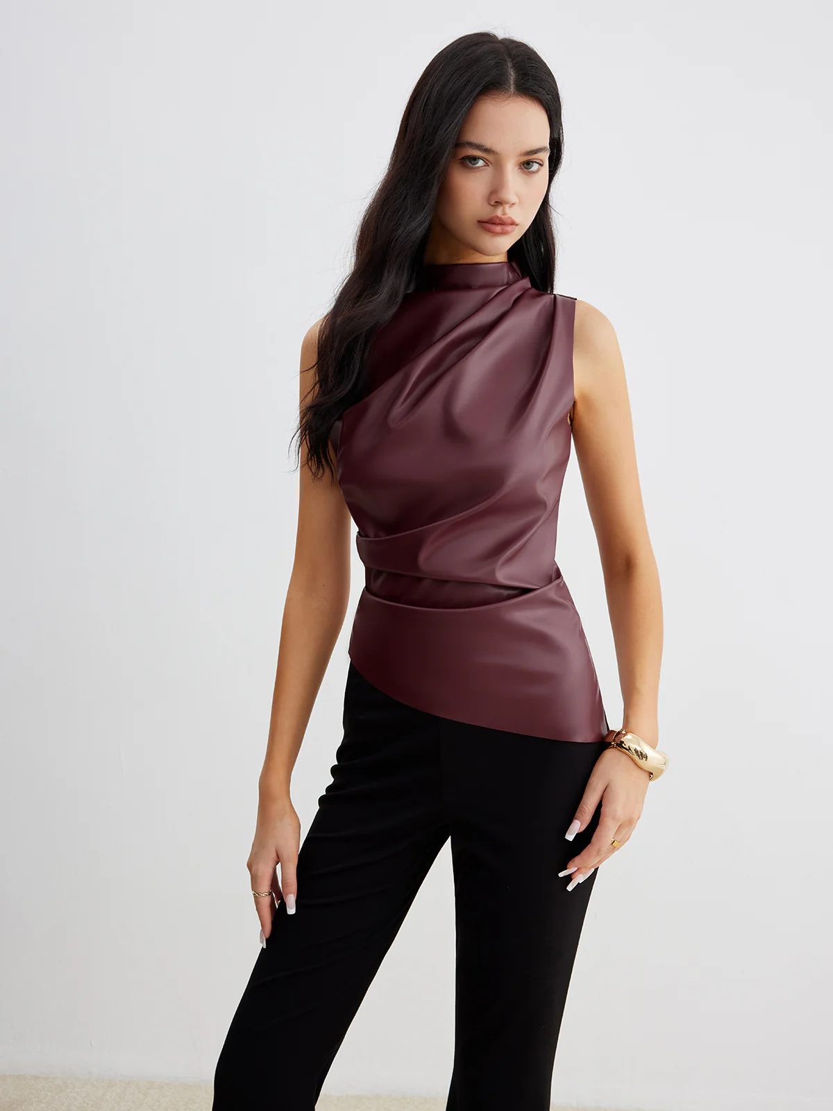Mock Neck Faux Leather Cinched Tank Top - Takermore