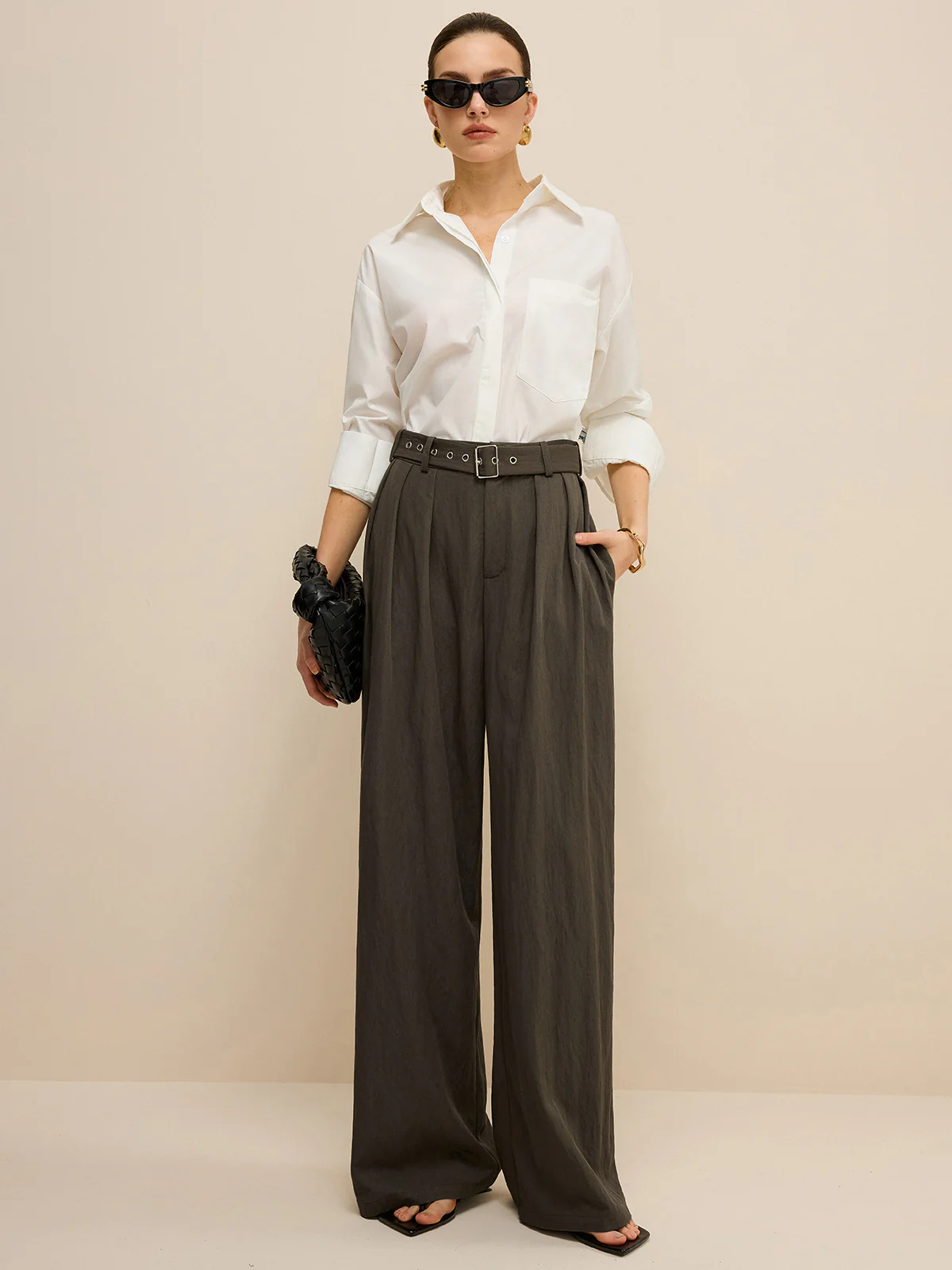Army Green Belted Pleated Wide-Leg Pants - Takermore